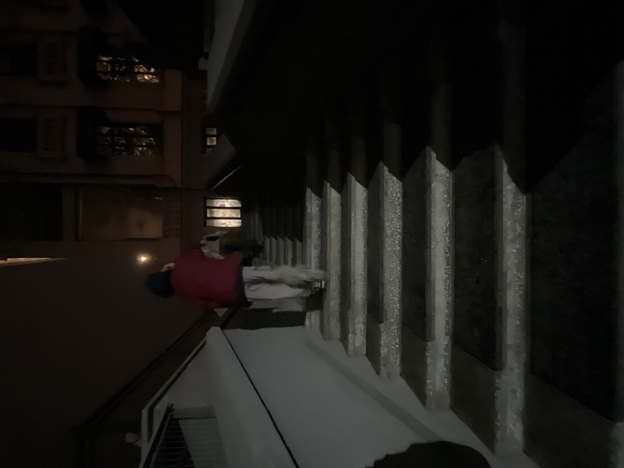 A person wearing a red jacket and blue hat stands on a snow-covered balcony, next to a wall with vertical concrete pillars. The scene is an outdoor urban environment at night, with a building in the background showing lit windows.