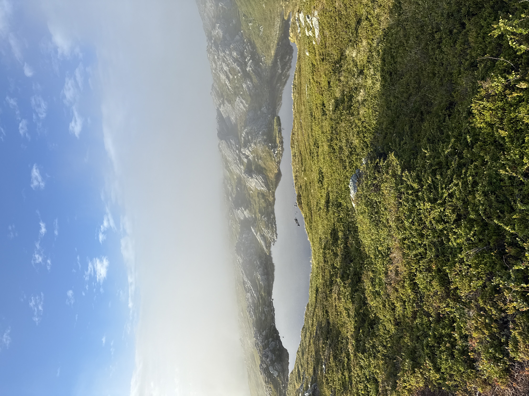 This image depicts a natural landscape, likely a mountainous or hilly region, with a small body of water. The foreground is covered in low-lying green vegetation, possibly heather or moss. A dark, still pond is visible in the mid-ground, reflecting the sky and surrounding terrain. Beyond the pond, the landscape transitions to rocky outcrops and hills partially obscured by a layer of fog or mist. The sky above is a clear blue with scattered white clouds. There are no people, animals, or man-made structures visible in the image. The scene suggests an outdoor, remote location, potentially in a Nordic environment given the context of Harstad, Norway.