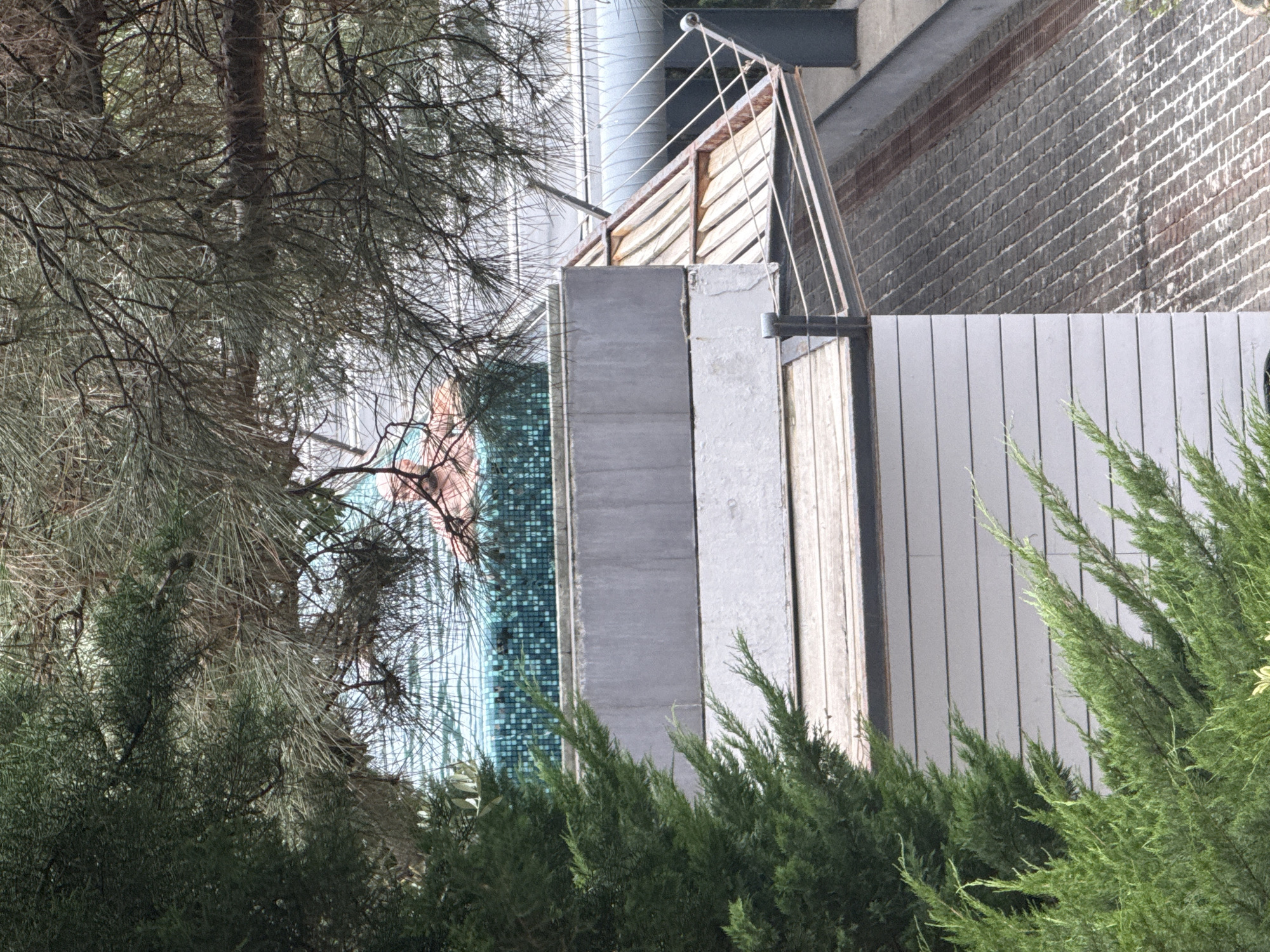The image shows a person in a swimming pool, partially obscured by trees. The pool has a turquoise tiled interior and appears to be on a rooftop or elevated structure. The surrounding architecture includes concrete walls, wooden siding, and metal railings. The scene is set outdoors, with natural light suggesting daytime. The overall impression is of a private or resort-style setting.