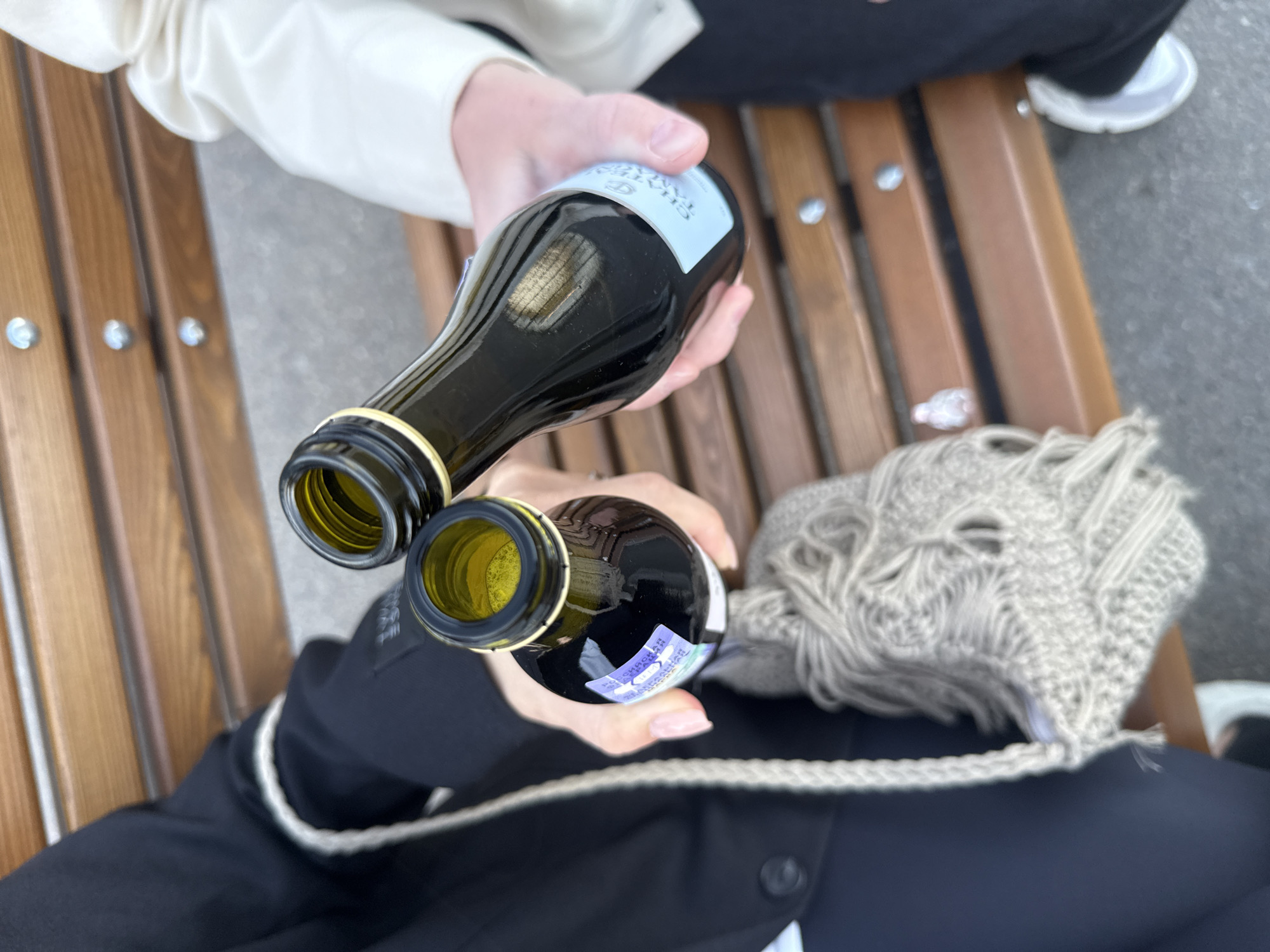 An overhead shot captures two individuals holding small, dark-colored bottles, likely alcoholic beverages, as if toasting or preparing to drink. They are seated on a brown wooden slatted bench with metal fasteners, indicating an outdoor setting.
The person on the left wears a light-colored (possibly white) jacket or top, and holds one bottle by the neck. The label on this bottle is light blue, and the text "CHATEAU TAKA" is partially visible. The bottle has a gold-colored rim around the opening.
The person on the right wears a dark (likely black) top, with a light beige woven strap visible over their shoulder, and holds the second bottle. This bottle also has a gold-colored rim. A purple excise stamp is clearly visible on this bottle, with the Cyrillic text "РОССИЙСКАЯ ФЕДЕРАЦИЯ" (Russian Federation) and "ФЕДЕРАЛЬНАЯ СПЕЦИАЛЬНАЯ МАРКА" (Federal Special Mark) printed on it, confirming its origin and sale in Russia. This aligns with the context of Krasnoyarsk, Russia. A light-colored, knitted or crocheted item, possibly a scarf or bag, is visible on the bench next to this person.
The hands of both individuals are visible; the one on the right has light pink nail polish. The ground visible below the bench appears to be concrete or asphalt. The lighting suggests daytime.