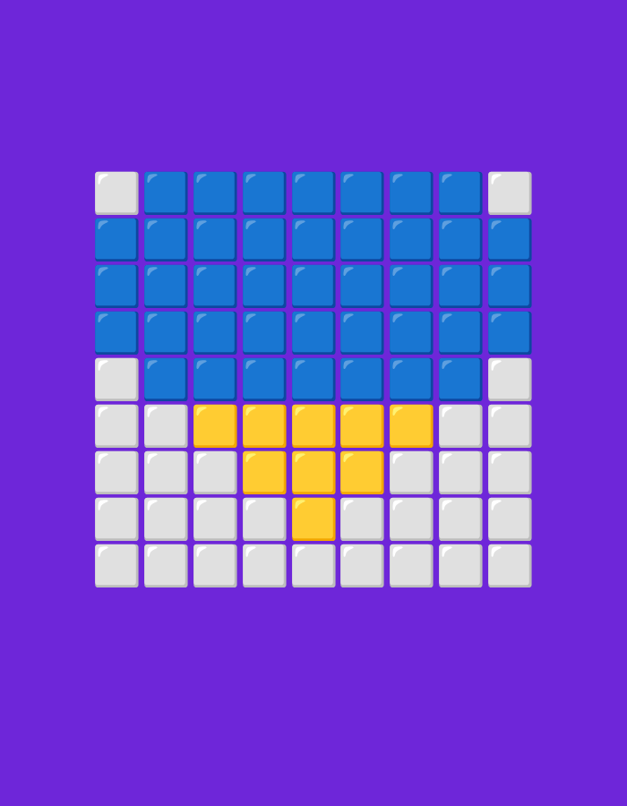A digital illustration features a grid of colored squares set against a solid purple background. The grid is composed of approximately 80 squares, arranged in 8 rows and 10 columns. The squares are small and uniformly sized, with a subtle gradient effect suggesting a glossy finish.
The top two rows of the grid are filled with blue squares. The third row contains a single white square on the left, followed by blue squares for the remainder of the row. The fourth row has white squares on the left and right edges, with blue squares filling the space in between.
The fifth row features a yellow heart shape formed by the squares, with white squares on the outer edges. The sixth row continues the yellow heart shape, with white squares on the outer edges. The seventh and eighth rows are entirely filled with white squares.
The overall composition forms a pixelated image, resembling a digital game or a retro graphical display. The purple background is a vibrant, solid color, providing a strong contrast to the grid. The image appears to be a graphic design element or a representation of a digital interface, rather than a scene from a specific location or event. There are no discernible people, actions, or interactions depicted. The setting is abstract and digital, without any connection to a real-world city or environment.