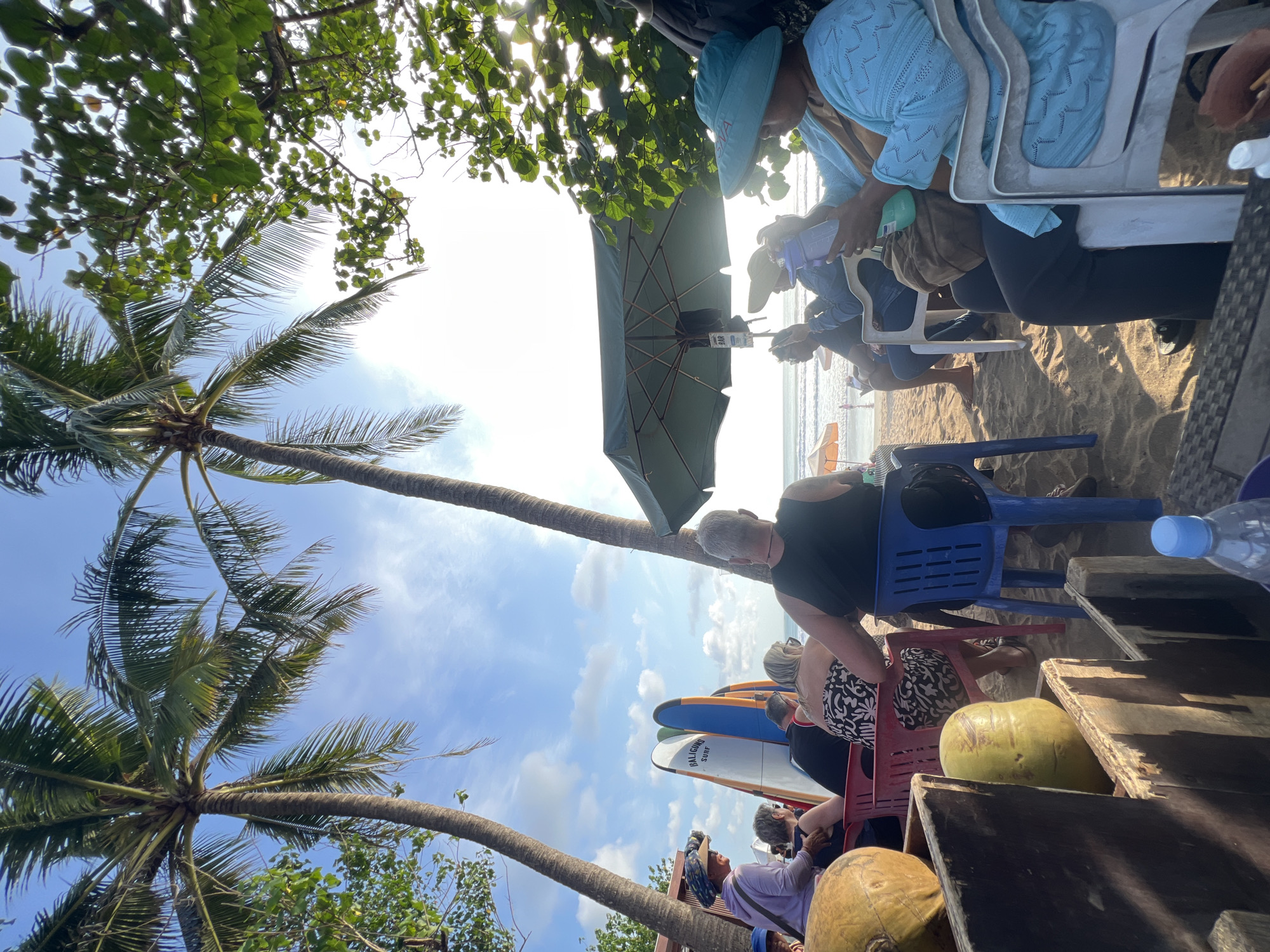 In Kuta, Indonesia, a group of people are relaxing on a beach. Two tall palm trees frame the scene, with their fronds casting dappled shadows on the sand. In the foreground, several large coconuts are visible, some in wooden crates. A group of people are seated on chairs facing the ocean, which is visible in the background. Surfing boards are leaning against a structure behind them. An umbrella provides shade for some of the beachgoers. The sun is shining, and the sky is a clear blue with a few scattered clouds.