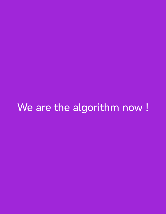 The image displays a solid, uniform purple background. Centered horizontally and slightly below the vertical midpoint of the frame, white sans-serif text reads: "We are the algorithm now !". There are no other discernible objects, figures, or environmental details present in the image. The location is not discernible and appears to be a digital graphic rather than a physical scene.