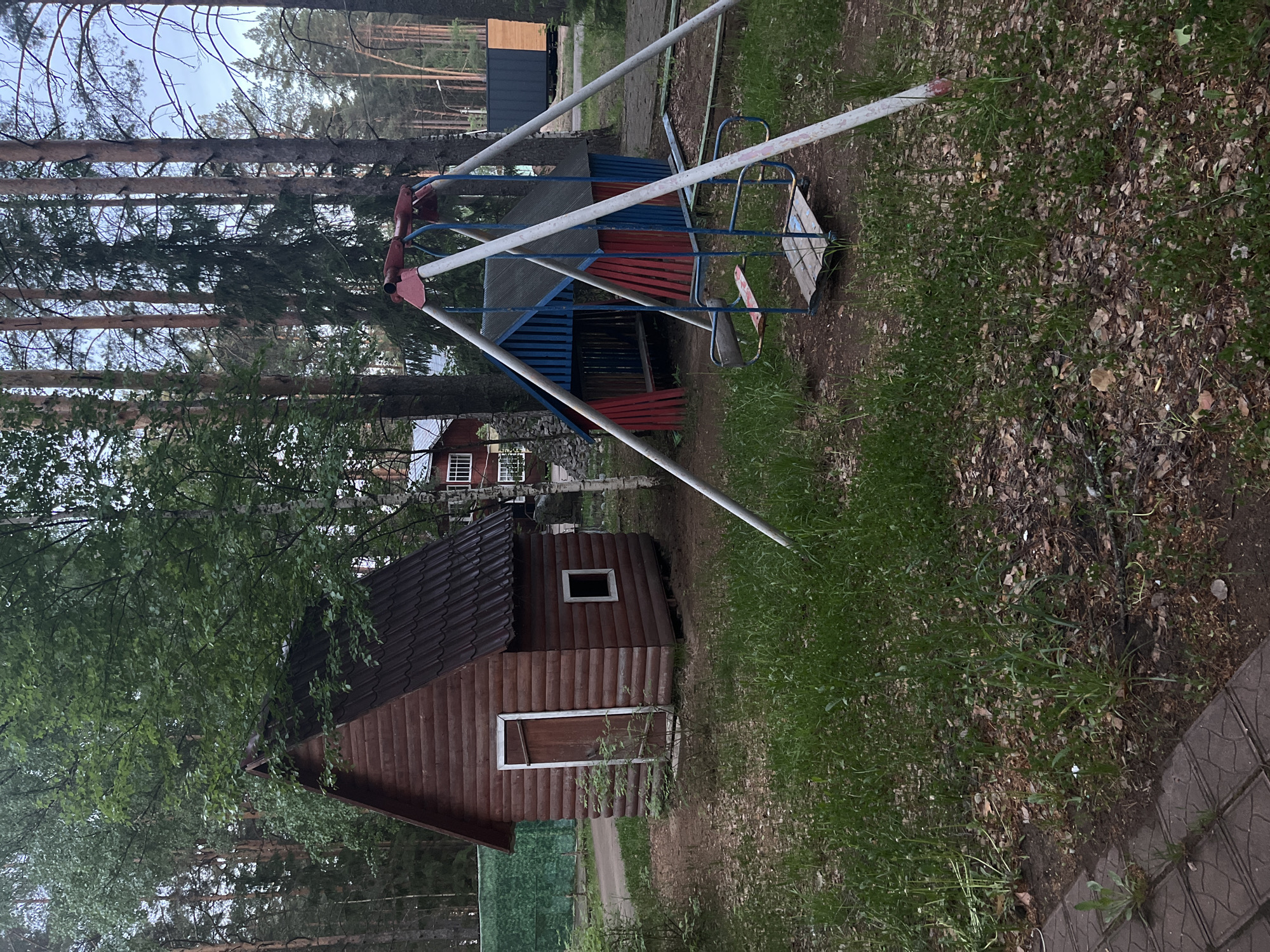 The scene is outdoors, located in a wooded area with several small buildings. A small brown wooden structure, possibly a shed or playhouse, is in the foreground. Behind it, partially obscured by trees, is a larger building with white-framed windows. To the right of the brown structure, there is a playground ride constructed from metal bars and painted in blue and red. The ground is covered with grass and leaves. Trees surround the area.
