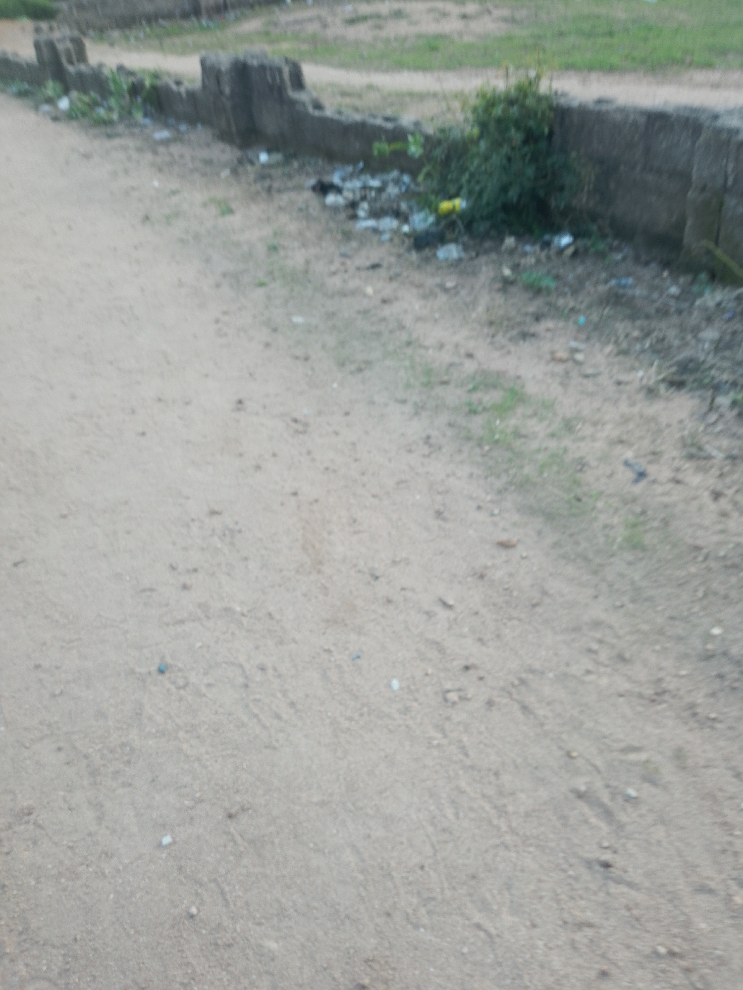 This is a blurred, medium-angle shot of an outdoor scene, likely in Jalingo, Nigeria. The foreground is dominated by a sandy path or unpaved road, showing some small pebbles and sparse blades of grass. In the background, a low, weathered concrete structure or wall runs horizontally. Adjacent to this wall, on the left, is a clump of green vegetation, possibly a bush or shrub. Scattered around the base of the wall and near the vegetation are various pieces of debris, including what appear to be plastic wrappers and other refuse. The overall impression is one of a somewhat neglected urban fringe or a less-maintained area within a settlement. There are no people visible in the image.