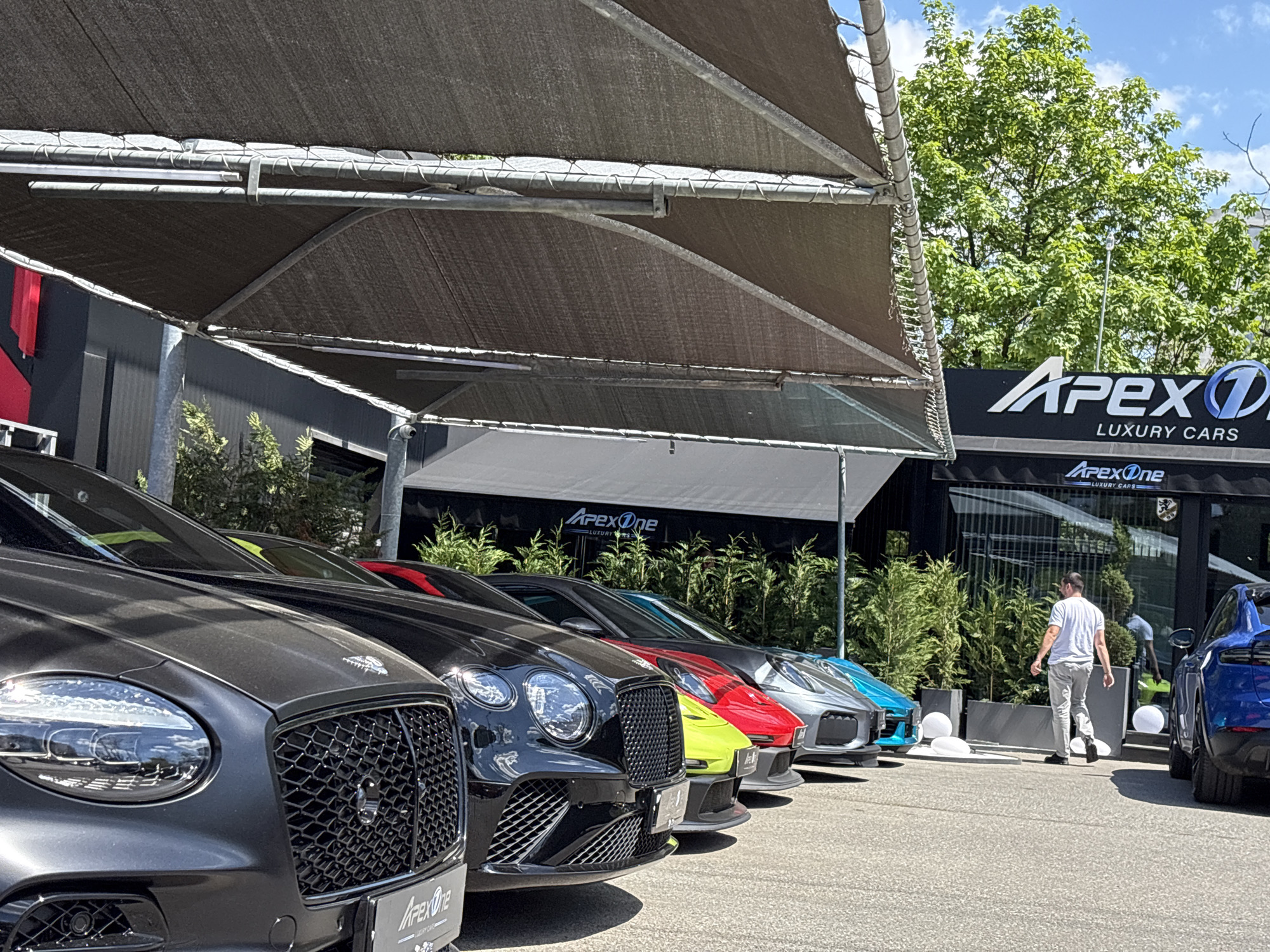 The image shows a row of luxury cars parked in front of a building with "ApexOne LUXURY CARS" signage. The cars are various colors, including gray, black, yellow, red, silver, and blue. A man in a white shirt and gray pants is walking away from the cars towards the building's entrance. The building has planters with greenery. A canopy provides shade over the parked cars. The location is likely in Sofia, Bulgaria.