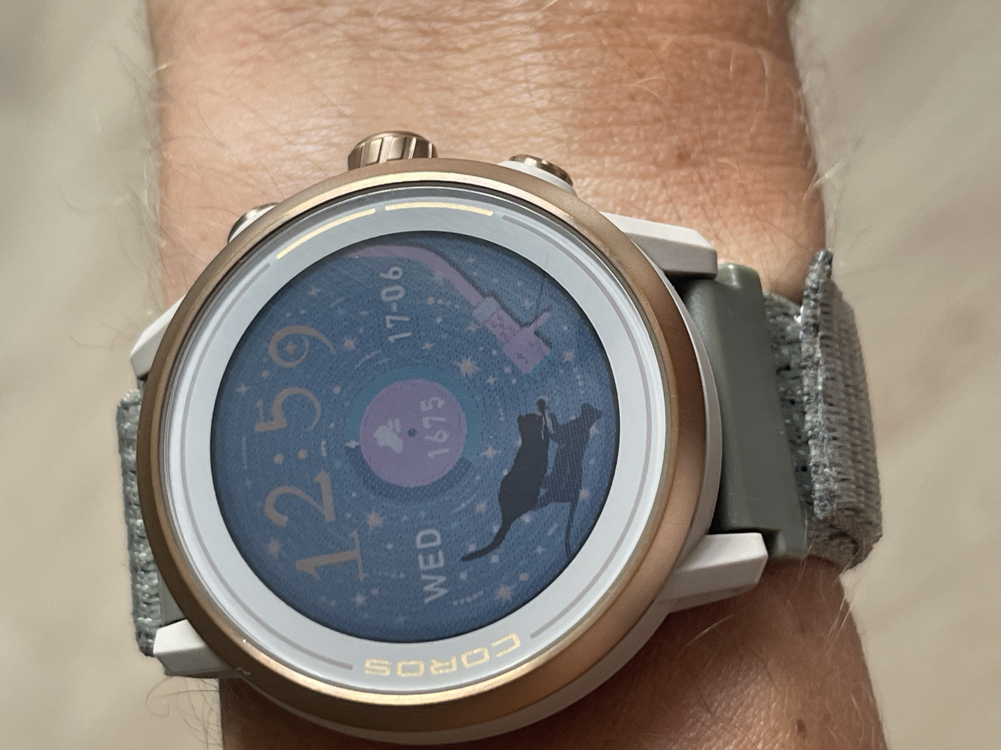 A close-up, eye-level, vertical shot shows a smartwatch with a rose gold bezel and a white casing on a person's wrist. The watch face displays a blue background with small gold stars and a silhouette of a black cat on a record player. The time is 12:59, and the date is Wednesday, June 17th. The watch band is gray fabric. The background is a blurred, light-colored surface, possibly a wall or desk. The image appears to be taken indoors.