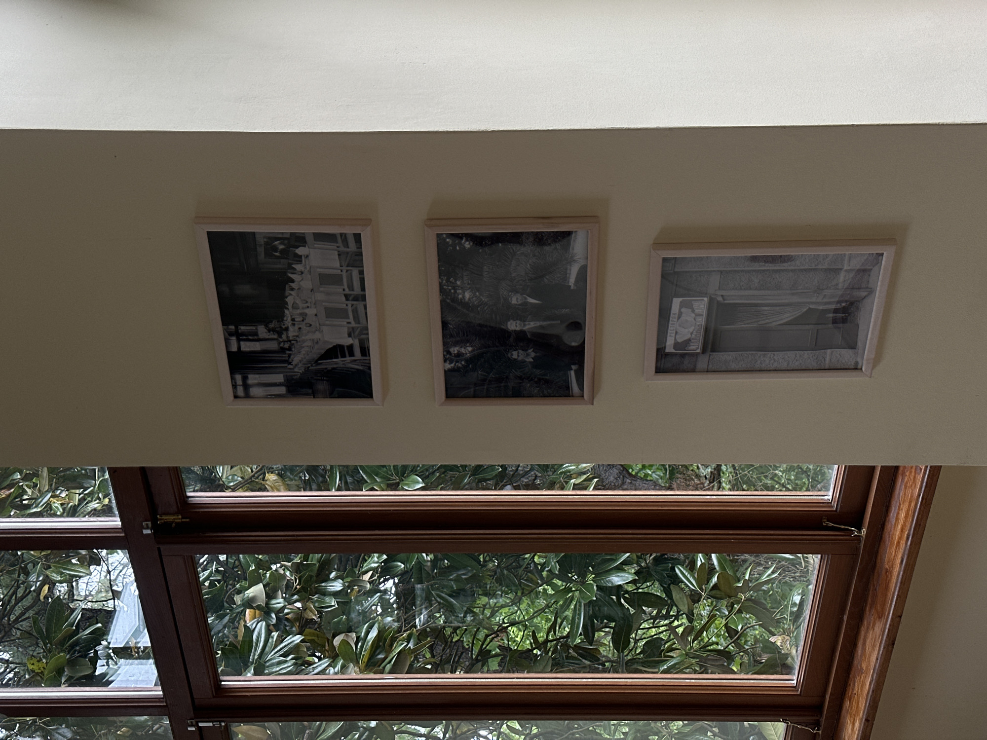 The scene depicts an interior wall with three framed black and white pictures hanging above a multi-paned window. The window is framed in dark wood and provides a view of lush green foliage outside, possibly from trees or a garden. The wall is painted a light beige or cream color. The pictures are evenly spaced and appear to be landscape or architectural images. The angle of the shot suggests the viewer is looking slightly upwards towards the wall and window. There is no evidence of the location of Sochi, Russia.