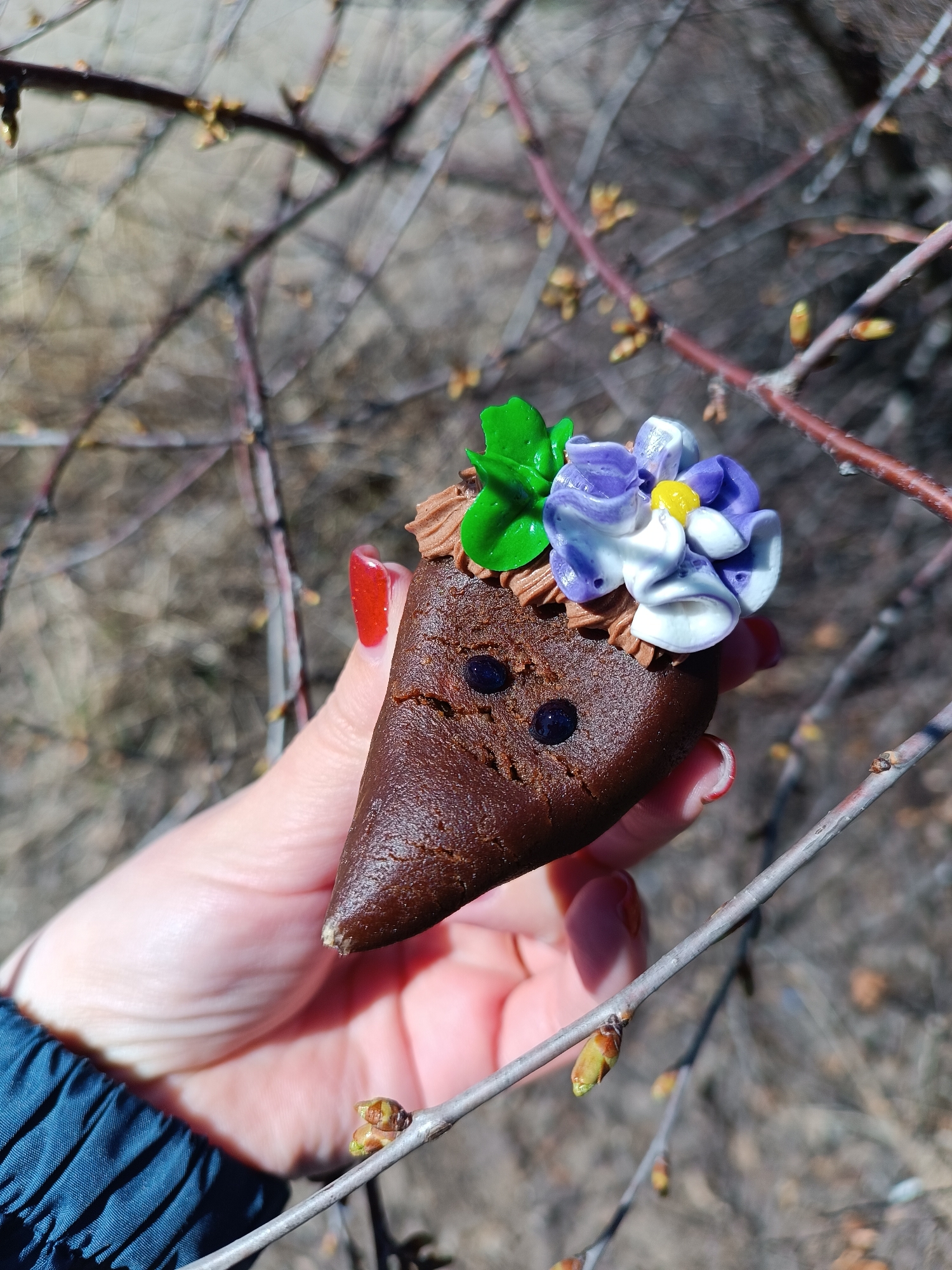 A hand holds a chocolate-covered treat shaped like a hedgehog, adorned with decorative frosting in the form of flowers and leaves. The background features tree branches with emerging buds. The location may be near Chaikovsky, Russia.