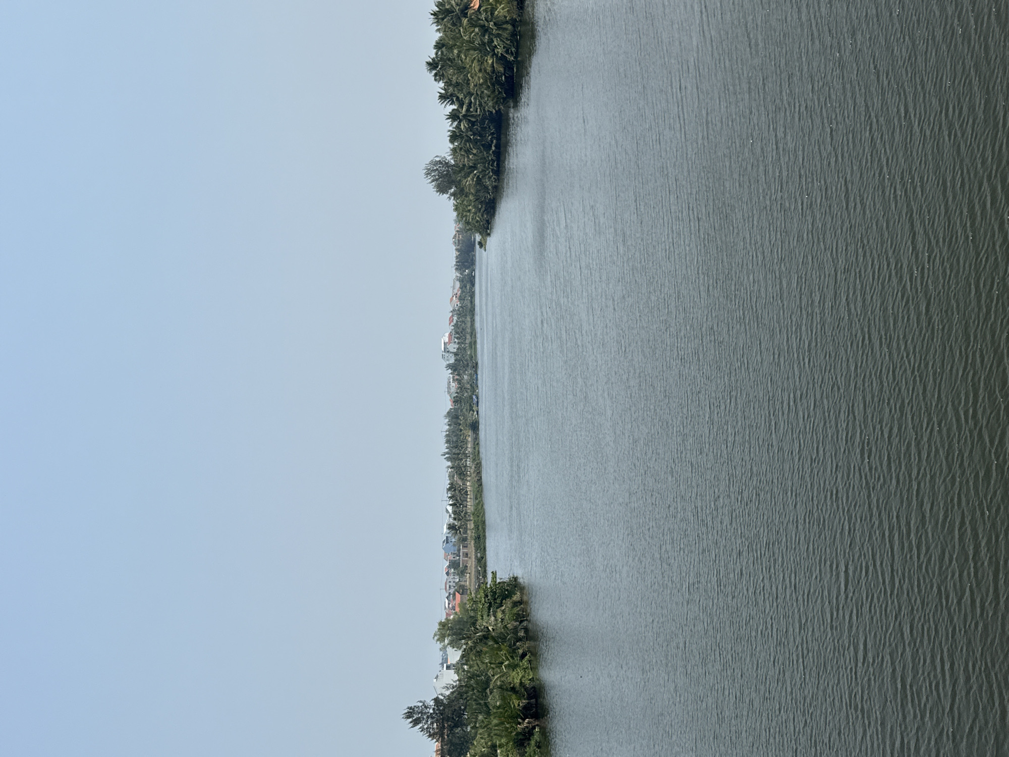 The image captures a river scene in Đà Nẵng, Vietnam. The river occupies most of the frame, its surface subtly rippled. Lush greenery lines both banks, featuring dense trees and vegetation. Along one bank, buildings and houses are visible amidst the trees. The sky is a pale, overcast blue.