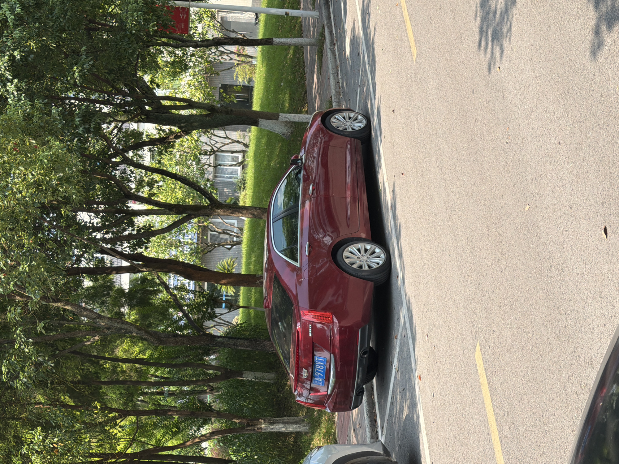 A stationary, dark red Cadillac sedan is parked on an asphalt street in front of a grassy embankment and trees. The car is facing right and slightly away from the viewer, with its rear visible. The license plate on the rear of the car reads "A-978VT". The car is parked in a designated parking spot marked by white lines. The surrounding environment appears to be a city street with deciduous trees lining the sidewalk. In the background, a building with windows is visible. The overall scene is brightly lit by sunlight, casting shadows from the trees onto the street. The image appears to have been taken during the daytime. The location is identified as Jiangjin, China.