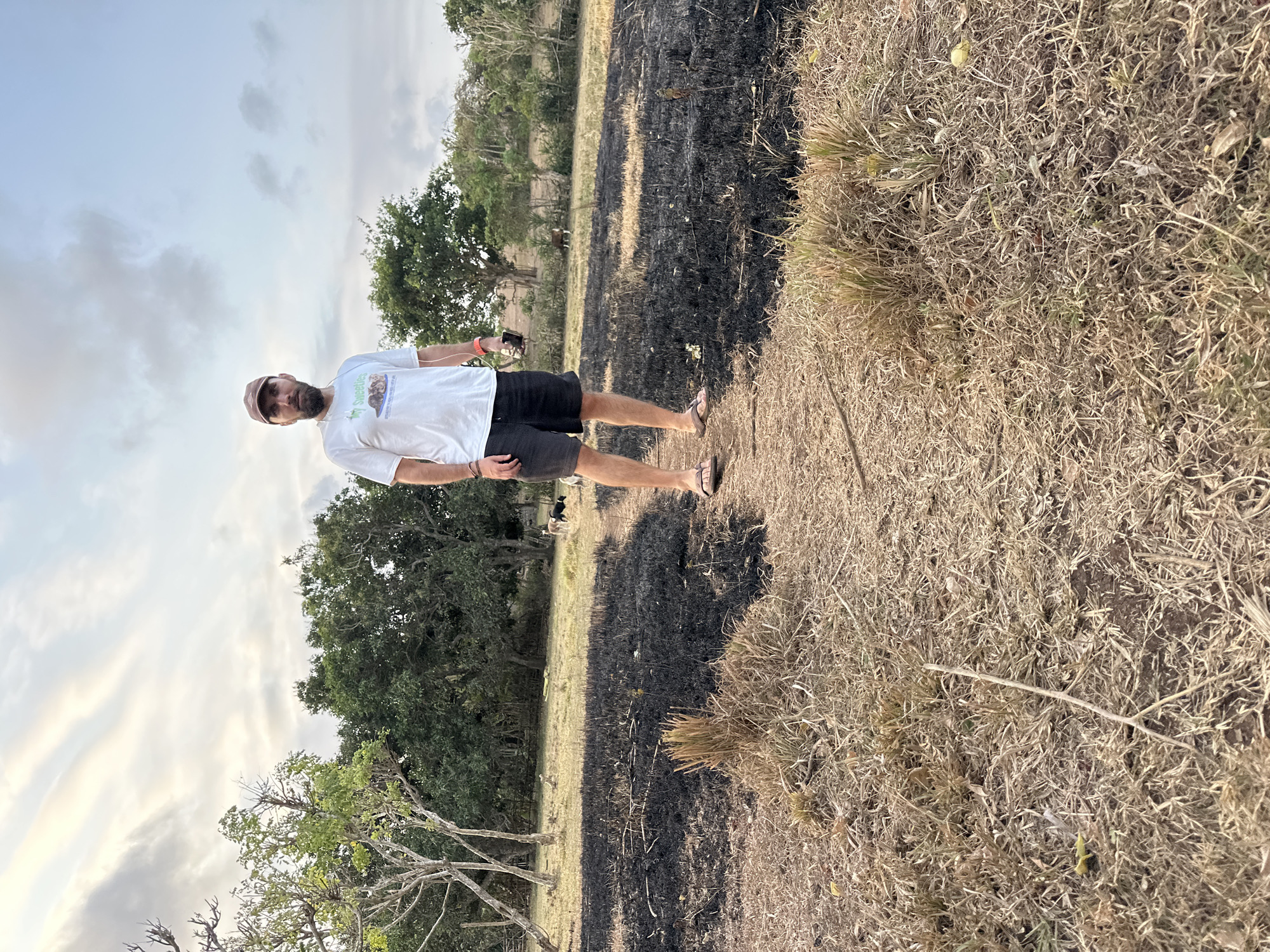 In the city of Kuta Selatan, Indonesia, a man stands in a field of dry, partially burnt grass. The man, wearing a white t-shirt, dark shorts, a baseball cap, and flip-flops, faces the camera. The field behind him displays patches of black, charred ground amidst the dry vegetation. In the background, trees line the horizon under a cloudy sky. Two dogs can be seen in the middle ground, one black and white, the other predominantly white. A brown and white animal, possibly a cow, is visible further in the distance. The overall environment suggests an outdoor rural setting with signs of recent fire activity.