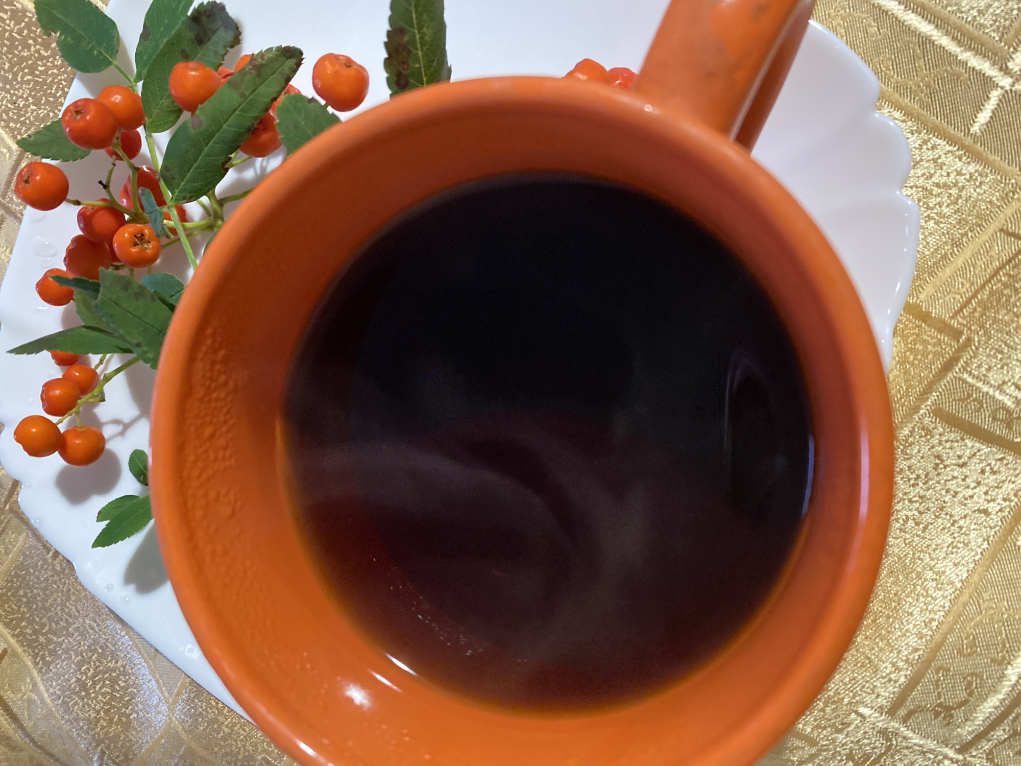A close-up, top-down view shows an orange mug filled with dark liquid, likely coffee, with visible steam rising. The mug rests on a white, scalloped-edge plate. Behind the mug, a branch with small, round, orange berries and green leaves is placed on the plate. The arrangement is situated on a textured, gold-colored surface. The image appears to be an indoor setting. Lida, Belarus is a city.