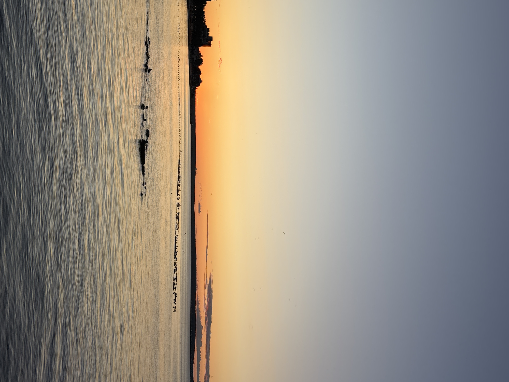 The image captures a serene waterfront scene at sunset in Petrozavodsk, Russia. The sky transitions from a soft blue at the top to a vibrant orange and yellow gradient near the horizon, creating a warm and tranquil atmosphere. A line of dark buildings, likely part of the city's skyline, is visible on the left side of the frame, silhouetted against the colorful sky. Trees are interspersed among the buildings.
The foreground is dominated by calm water, reflecting the colors of the sunset. Gentle ripples disturb the surface, creating subtle patterns of light and shadow. A scattering of dark objects, appearing to be rocks or buoys, are visible in the water, some with birds perched on them. Further out, a long, elongated line of birds stretches across the water, some swimming and some resting on the surface. A few birds are also seen in flight against the sky. The overall impression is one of peaceful coexistence between nature and the urban environment.