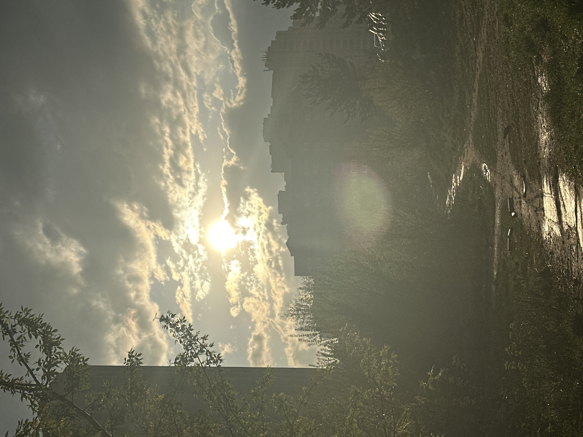The image depicts an outdoor scene in Novosibirsk, Russia, under a sky with scattered clouds and a visible sun. A tall building stands partially obscured by a haze, likely fog or mist, adding an atmospheric perspective. The foreground is filled with trees and foliage. A wet path reflects light, suggesting recent rain.