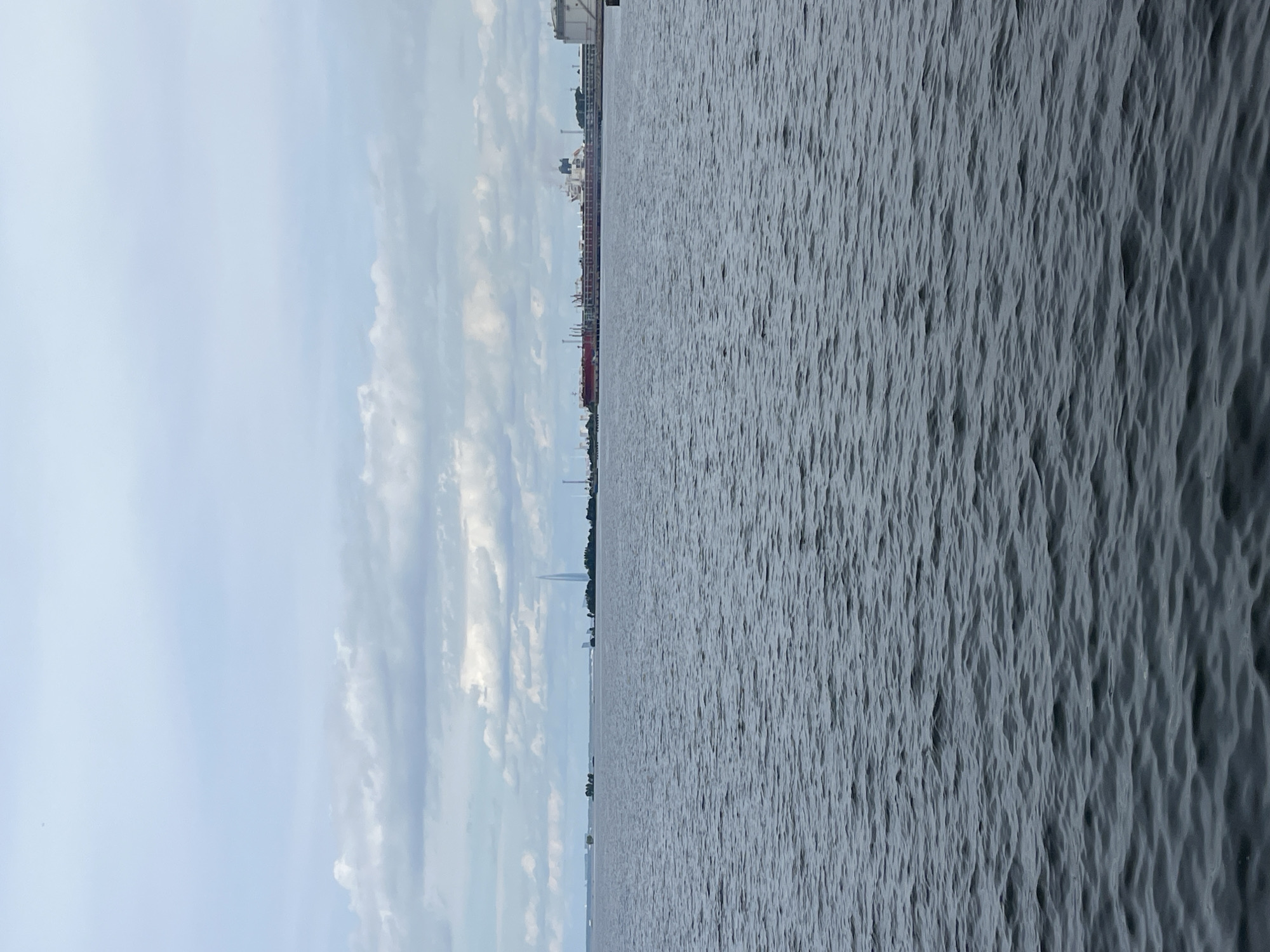 The image depicts a wide body of dark, choppy water in the foreground. In the distance, a cityscape is visible along the horizon under a cloudy sky. Prominent features of the cityscape include a tall, slender skyscraper with a distinctive spire, likely the Lakhta Center, a landmark in Saint Petersburg, Russia. Several ships, including large tankers and industrial structures, are docked or anchored along the waterfront, suggesting a port or industrial area. The overall scene is muted, with overcast skies contributing to the somber atmosphere.