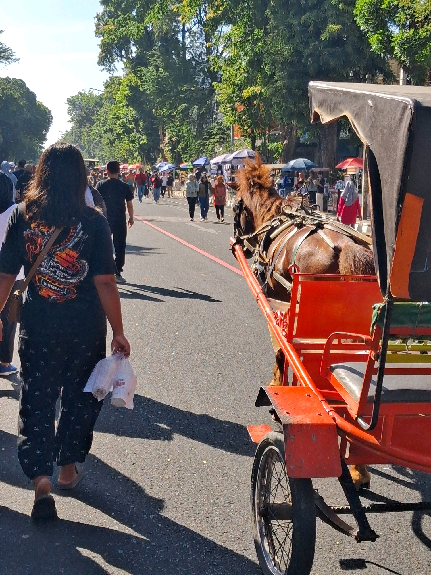 This is a medium shot taken from behind and to the side of a person walking on a paved street in Surakarta, Indonesia. The person is wearing a black t-shirt with a graphic of a snake coiled around a bottle of whiskey, and patterned black pants. They are carrying a white plastic bag in their right hand. In the foreground to the right, a red horse-drawn carriage is visible, with the hindquarters of a brown horse in harness. The carriage has a black canopy. The street is lined with trees on both sides, and there are people walking in the distance, some under umbrellas. The scene suggests a busy street with a mix of pedestrians and horse-drawn transportation, possibly a market or tourist area.