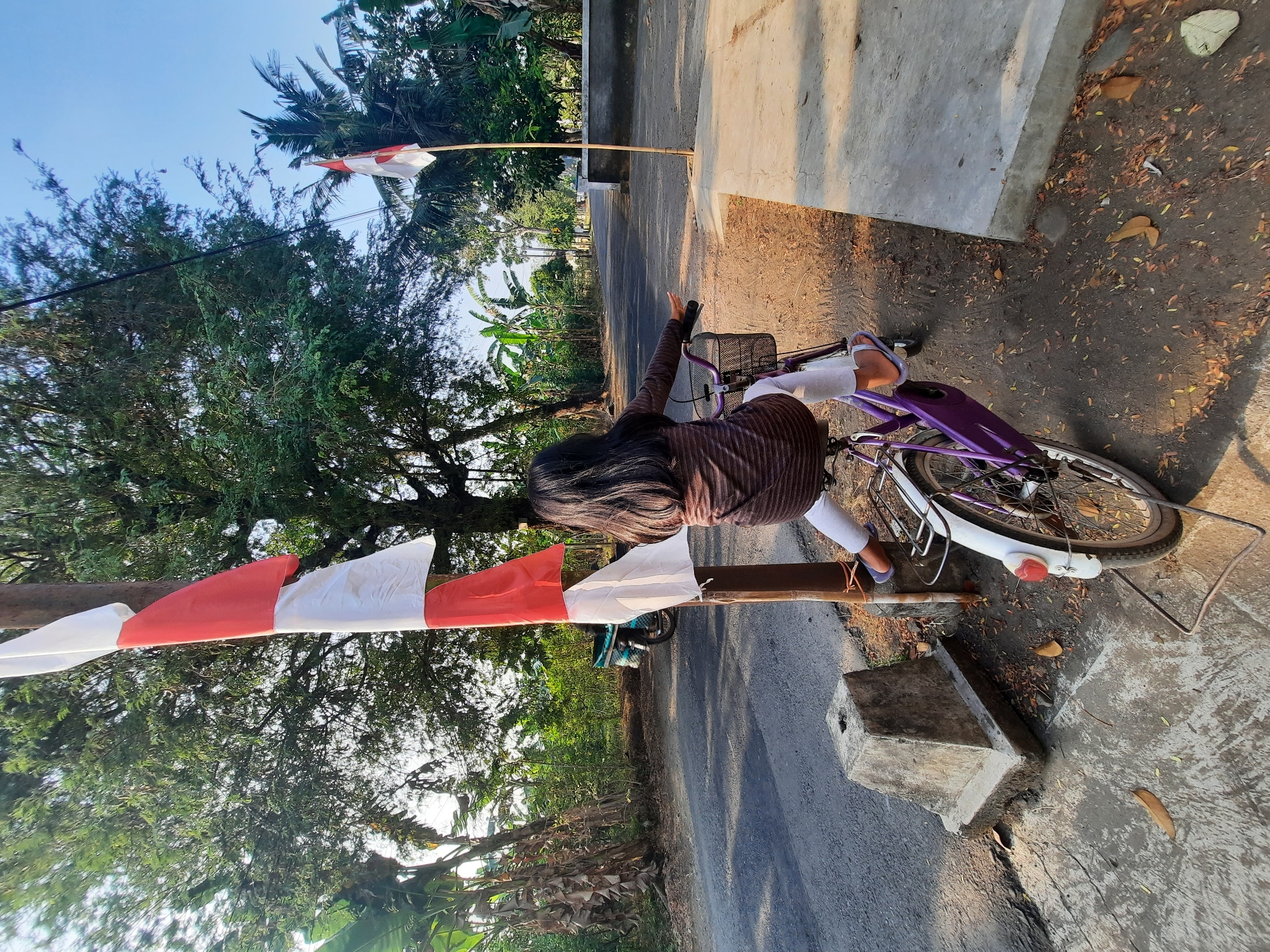 A young Indonesian girl with long dark hair, wearing a brown striped shirt and white pants, sits on a purple bicycle facing away from the camera. She is reaching out with her right hand. The bicycle has a basket on the handlebars and a red reflector on the rear fender. A wooden pole with an Indonesian flag, red and white, is positioned to the left of the girl, in front of her. The flag is tied to the pole with what appears to be orange string. The scene is outdoors, with a paved road and a concrete sidewalk. Lush green trees, including banana trees, are visible in the background, along with a distant flag on a pole and a motorcycle parked on the side of the road. The lighting suggests it is either early morning or late afternoon. The location is a rural area in Andong, Indonesia.
