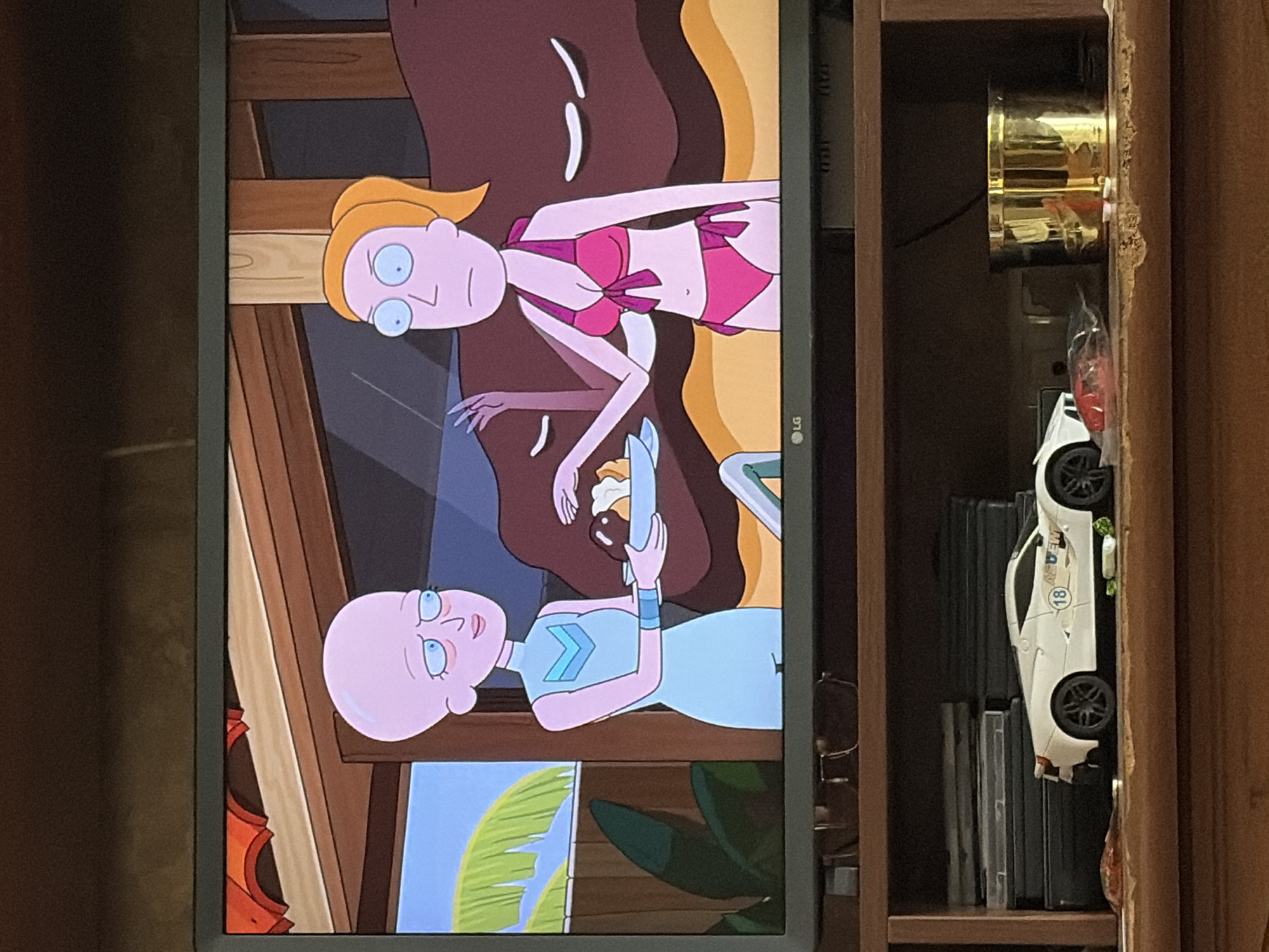 The image shows a television screen displaying an animated scene from Rick and Morty. Two female characters are visible. The character on the left is bald, with large blue eyes and pale skin, wearing a light blue, sleeveless outfit with a chevron design on the chest and blue wristbands. She is holding a white plate with a chocolate dessert. The character on the right has light skin, a ponytail, and is wearing a pink bikini. She is reaching towards the dessert. The background depicts an outdoor setting with a wooden structure, palm fronds, and a dark brown, wave-like shape. Below the television, a wooden shelf holds stacks of discs or cases, a white toy car with the number 18 on it, a golden cylindrical object, and other miscellaneous items. The scene appears to be indoors, as indicated by the television screen and shelf. The overall environment is domestic.
