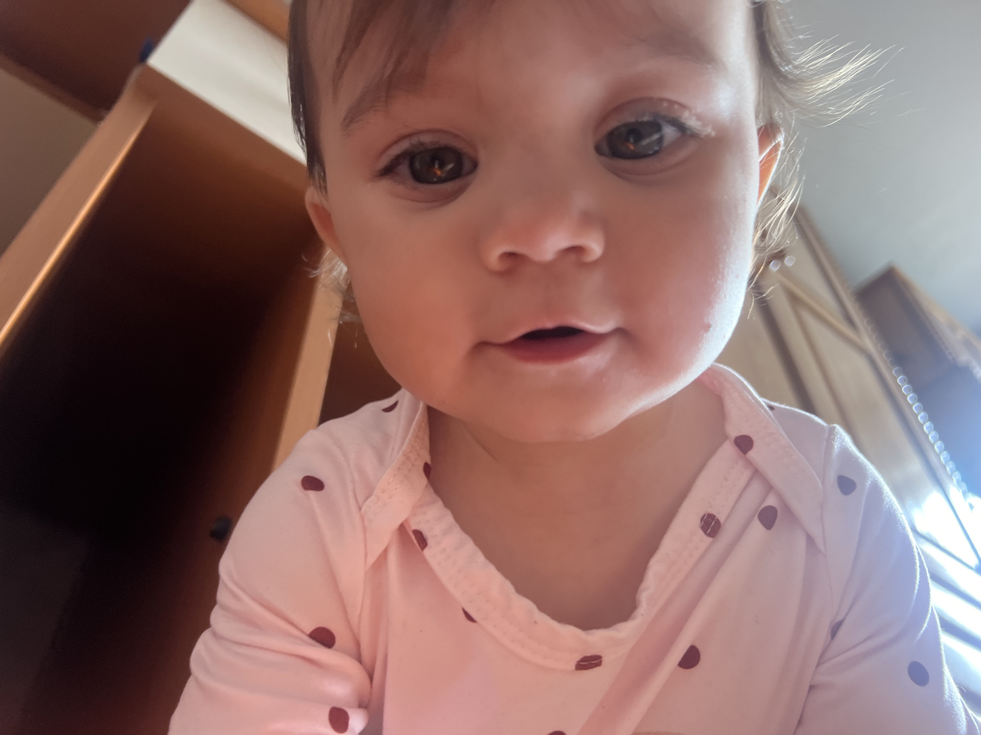 A close-up photograph shows a baby girl with brown hair and brown eyes wearing a light pink onesie with brown polka dots. She is looking directly at the camera with a slight open mouth. The background shows parts of a wooden cabinet and what appears to be a window. There is no discernible information in the photograph indicating the location is Elena, Bulgaria.