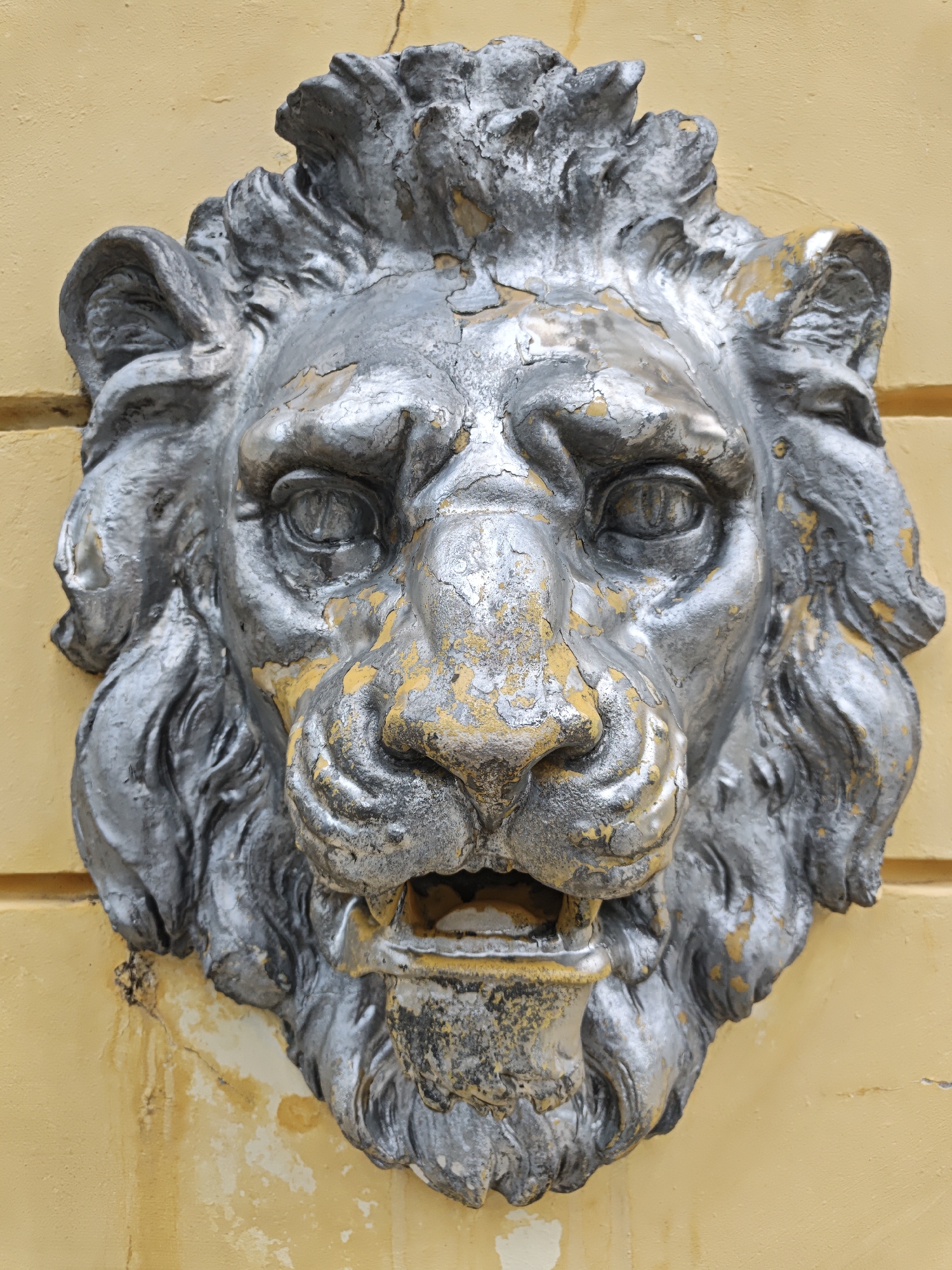 An eye-level, close-up photograph shows a weathered, silver-painted lion's head affixed to a yellow wall. The paint on the lion is peeling, revealing the original yellow color beneath. The lion's mouth is slightly open, and its eyes are prominent. The wall around the lion head is smooth, showing signs of age. The photograph depicts the lion head on the wall near the winter theater, located in the city of Sochi, Russia.