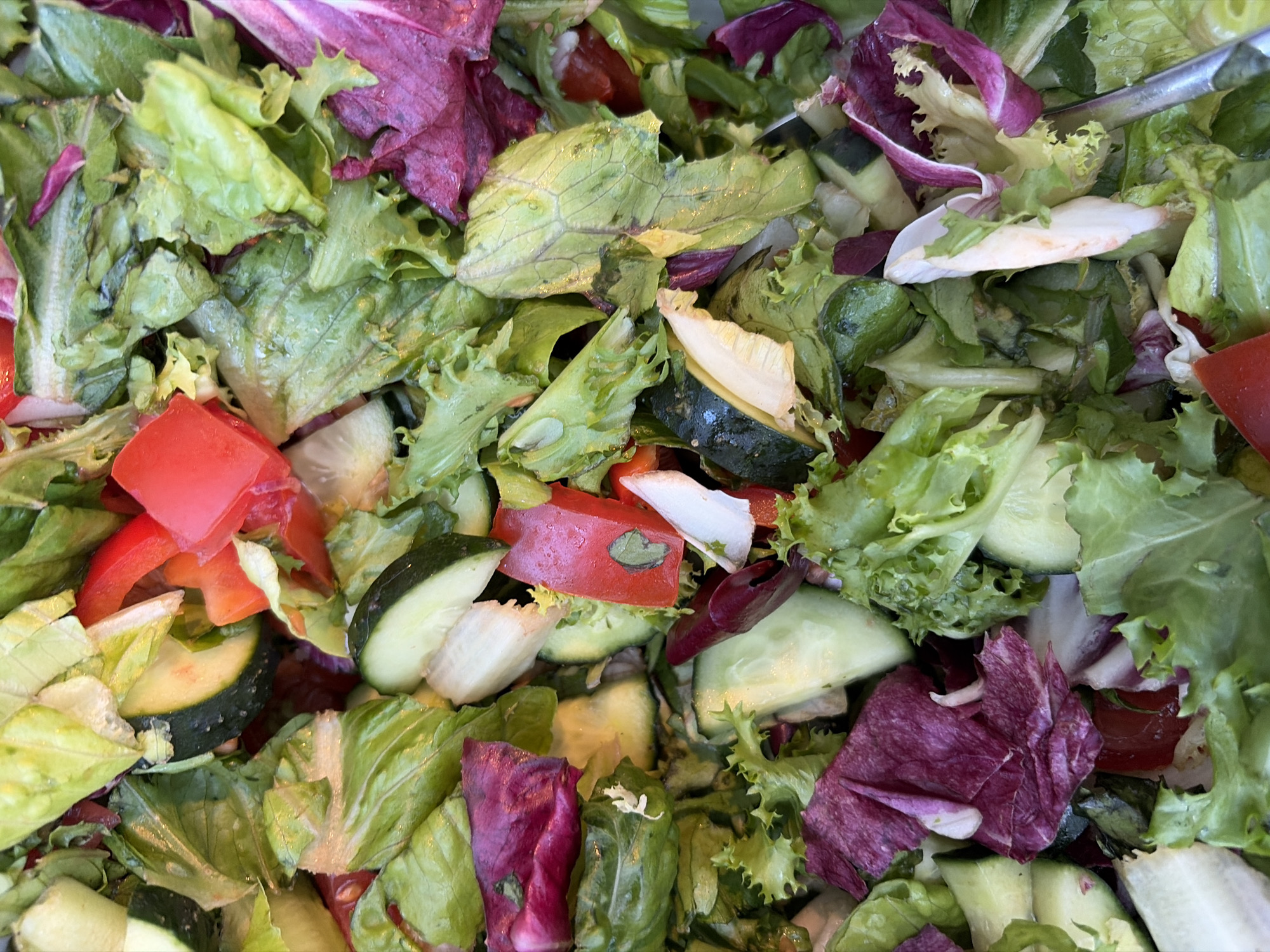 The image displays a close-up, overhead view of a mixed green salad. The salad contains various types of lettuce, including some with reddish-purple leaves, as well as sliced cucumbers and diced red bell peppers. The ingredients appear to be fresh and lightly dressed, with some glistening from moisture. The composition is a tight crop, focusing entirely on the food itself. There are no visible people, animals, or background elements that would suggest a specific location within Snegiryovka, Russia, or any other geographical area.
