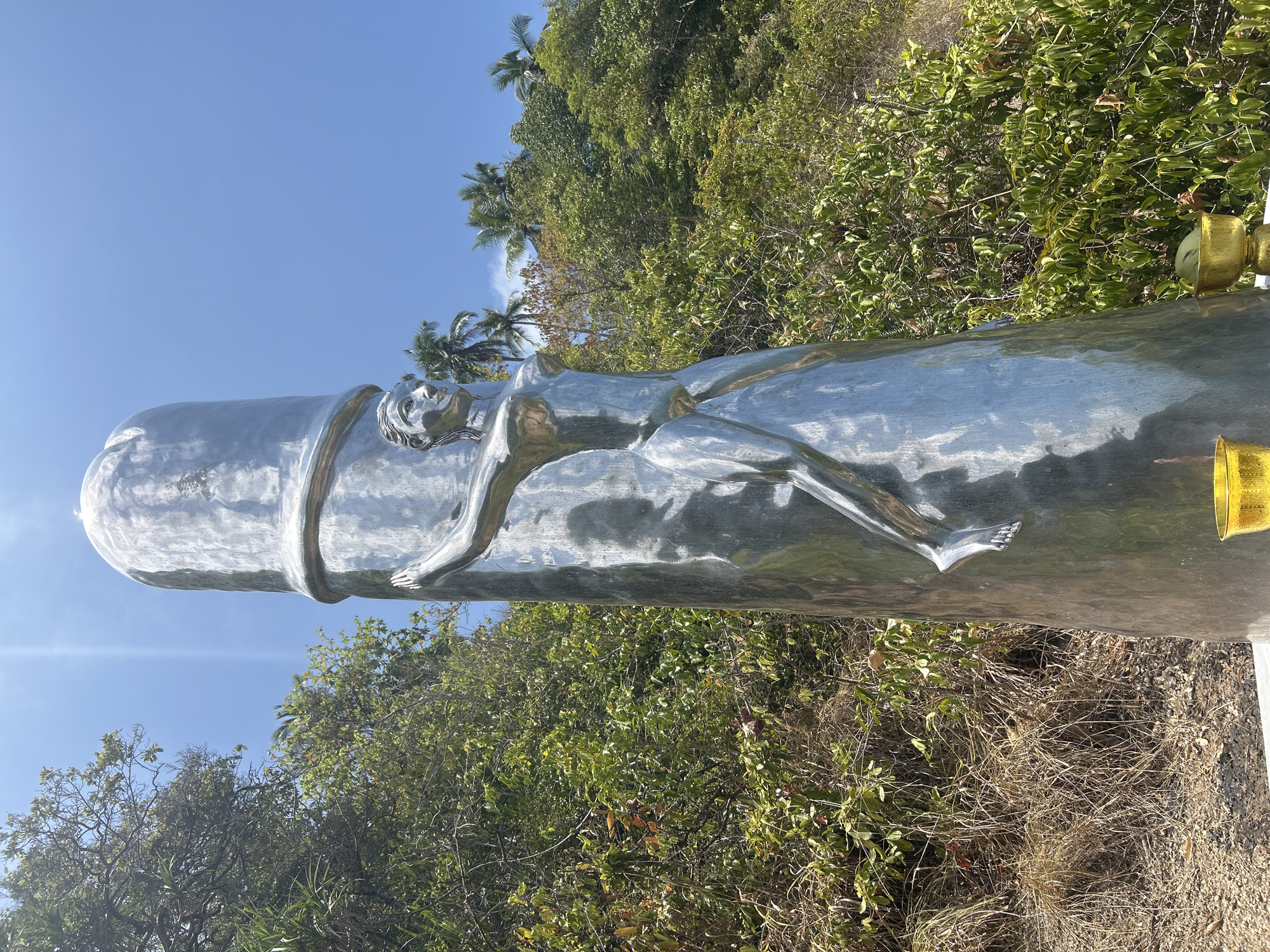 The image captures a tall, prominently displayed phallic-shaped sculpture made from a highly polished, reflective silver-colored material. A stylized human figure, appearing male, is sculpted in relief onto the side of the phallic form, seemingly climbing or clinging to it. The figure's body is smooth and metallic, blending seamlessly with the main structure.
The sculpture is situated outdoors under a clear, bright blue sky, indicating a sunny daytime scene. Lush tropical vegetation, comprising dense green trees, bushes, and several palm trees, forms the background, suggesting a natural and warm climate consistent with Baan Thong Nang, Thailand. The metallic surface of the sculpture vividly reflects the blue sky and surrounding greenery.
Near the base of the sculpture, on the right side of the frame, two golden, chalice-like or vase-like objects are visible, likely serving as decorative elements or offerings. The ground immediately surrounding the base consists of dry grass and dirt. There is no visible text in the image. The overall composition highlights the striking, symbolic sculpture against a vibrant natural backdrop.