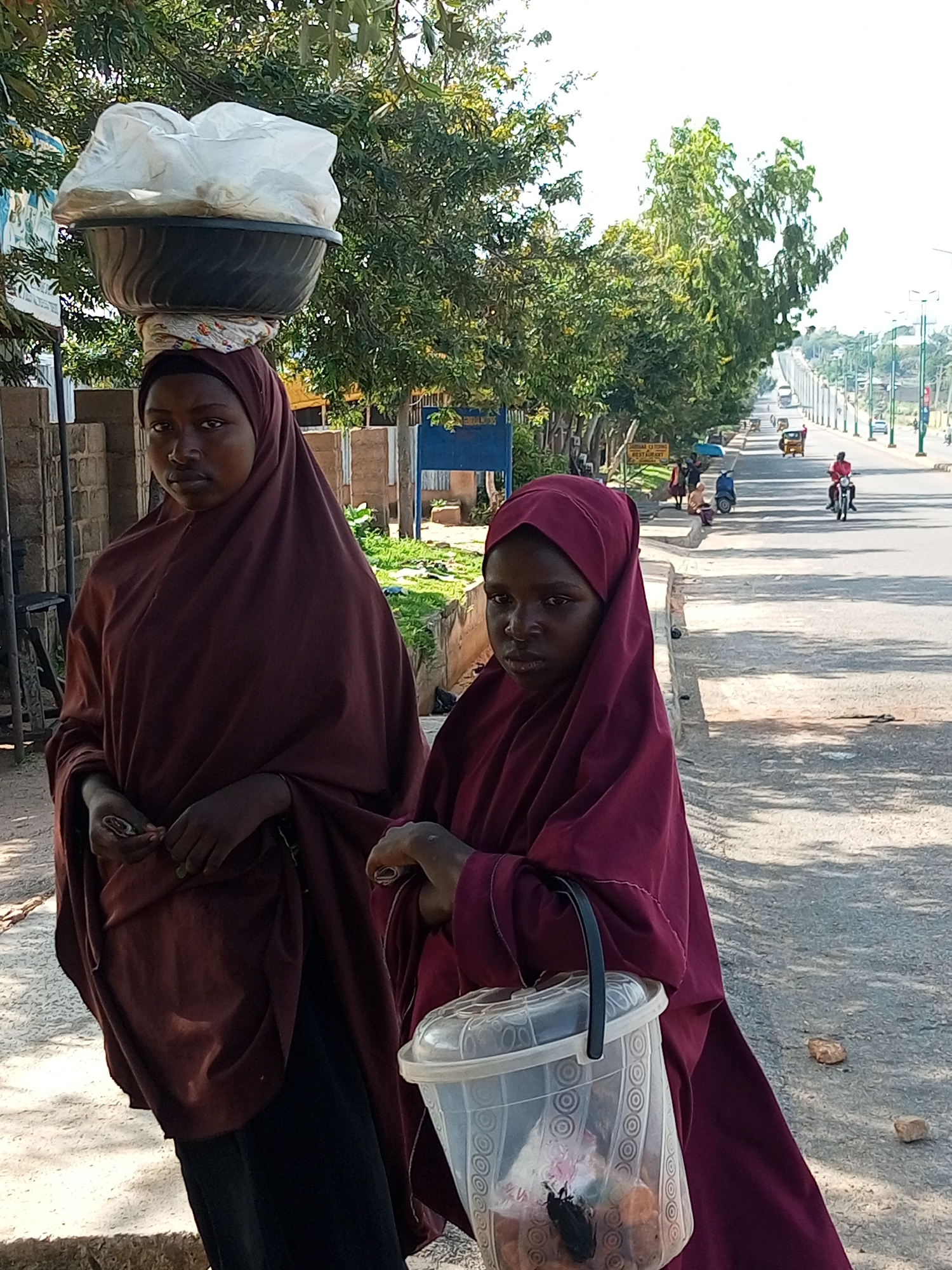 In Gombe, Nigeria, two young girls, dressed in maroon hijabs and dresses, stand on a paved roadside. The girl on the left balances a black basin filled with white plastic bags on her head, resting on a patterned cloth. Her hands are clasped in front of her, holding what appear to be small circular objects. The girl on the right holds a transparent plastic bucket with a black handle, containing a black beetle and some brown objects. In the background, a busy road stretches into the distance, with cars, a motorcycle, and a three-wheeled vehicle visible. Trees line the road, and streetlights stand at intervals. The scene is under a bright, sunny sky, casting shadows on the road.