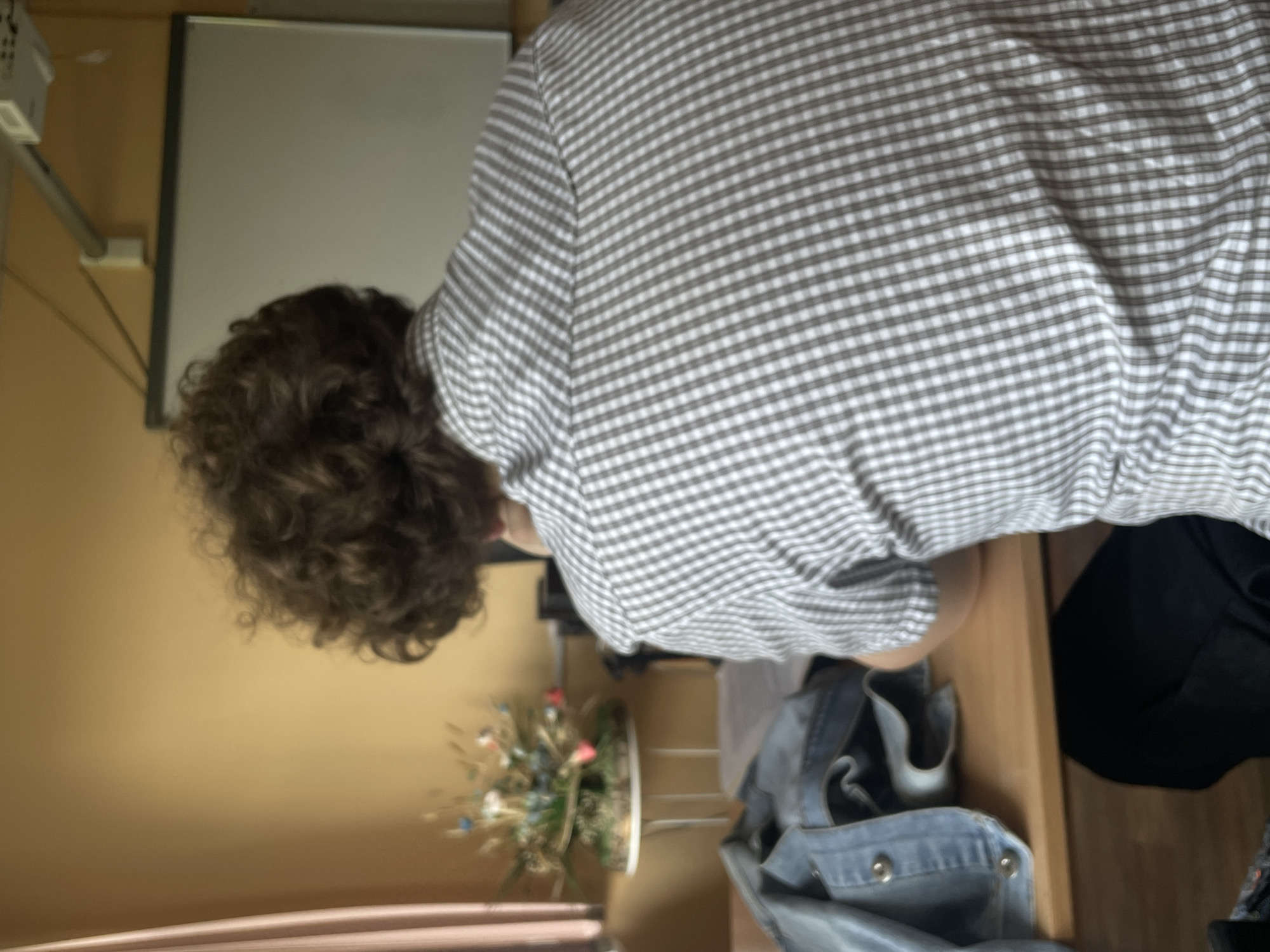 This image, taken in Saint Petersburg, Russia, depicts an indoor scene with a person and various objects. A person with curly brown hair, wearing a grey and white checkered shirt, is positioned centrally, seen from the back and leaning forward over a wooden desk. Their posture suggests they are focused on an activity such as studying, writing, or working. The person's face is not visible.
In the background, a white board is mounted on a light-colored, possibly beige or tan, wall. A projector is partially visible in the upper left corner, attached to the wall above the whiteboard. On the desk surface, to the right of the person, a small floral arrangement in a pot or vase adds a decorative element. A blue denim jacket is also visible on or beside the desk, along with some dark fabric. The overall setting appears to be a classroom, office, or study area. The time of day and the person's emotions cannot be determined from the image. No discernible text is visible on any objects.