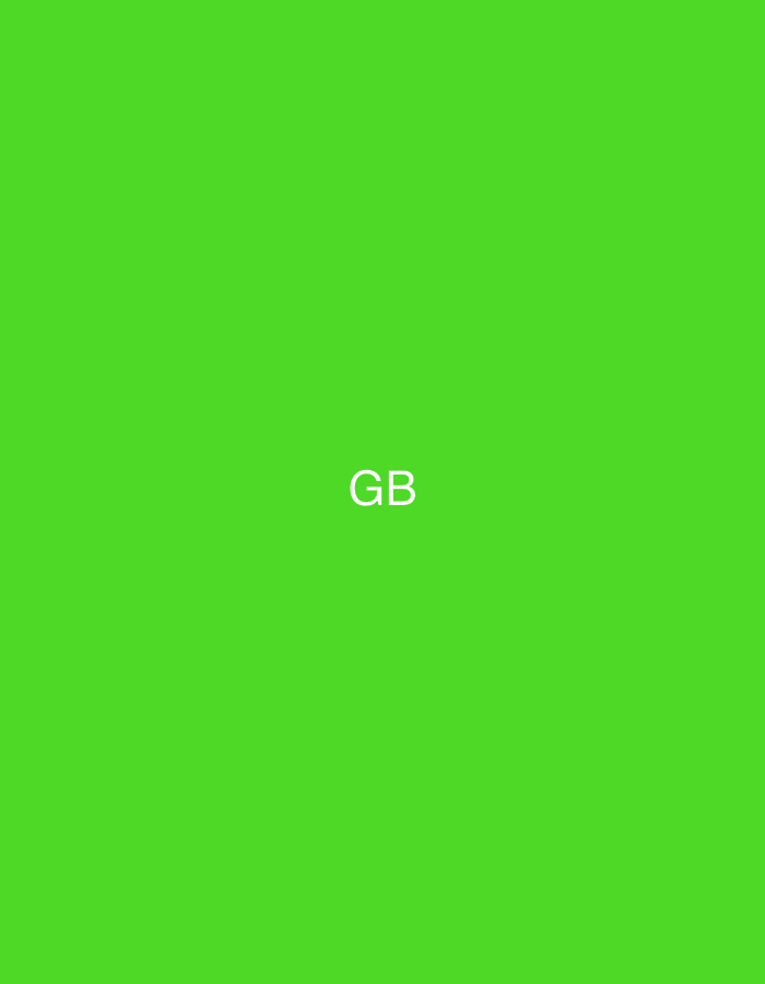 The image displays a uniform, bright green background. Centrally positioned, the capital letters "GB" are rendered in white, sans-serif font. No people, specific objects, actions, or interactions are visible. The environment is abstract, consisting solely of the colored background and text. This scene is located in the city of Casablanca, Morocco.