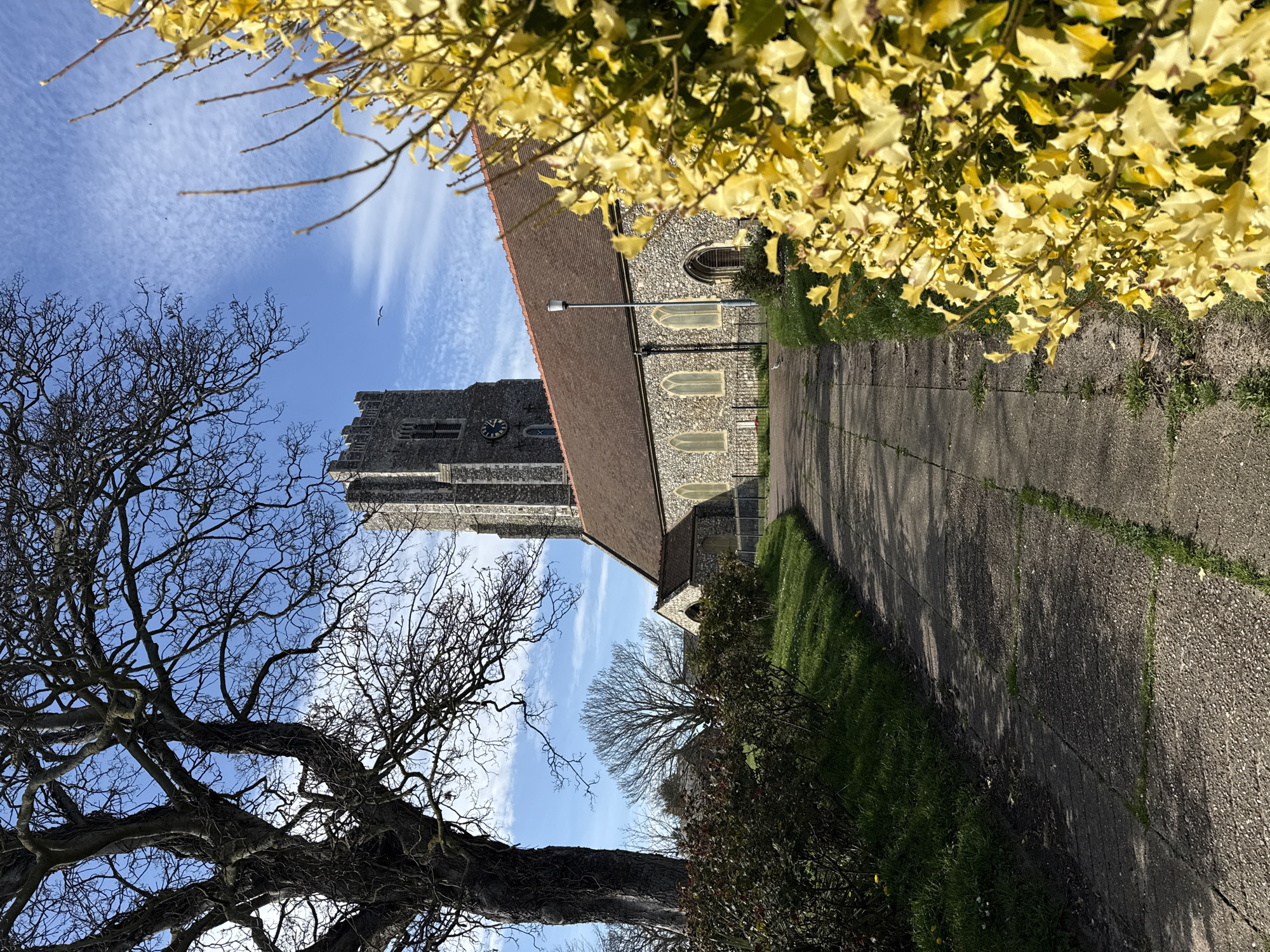 The image depicts St. Mary Magdalene Church in Gorleston-on-Sea, United Kingdom, captured from a low-angle perspective. The church's tower, constructed of stone with a visible clock face, rises prominently against a blue sky with scattered clouds. A portion of the church building is visible with a red-tiled roof and stone walls featuring arched windows. A pathway leads alongside the church, bordered by grass and vegetation. A large, bare tree is positioned on the left side of the frame, contrasting with the yellow-leaved branches of a tree on the right side. A lamp post is visible on the side of the church. A bird is flying in the sky.