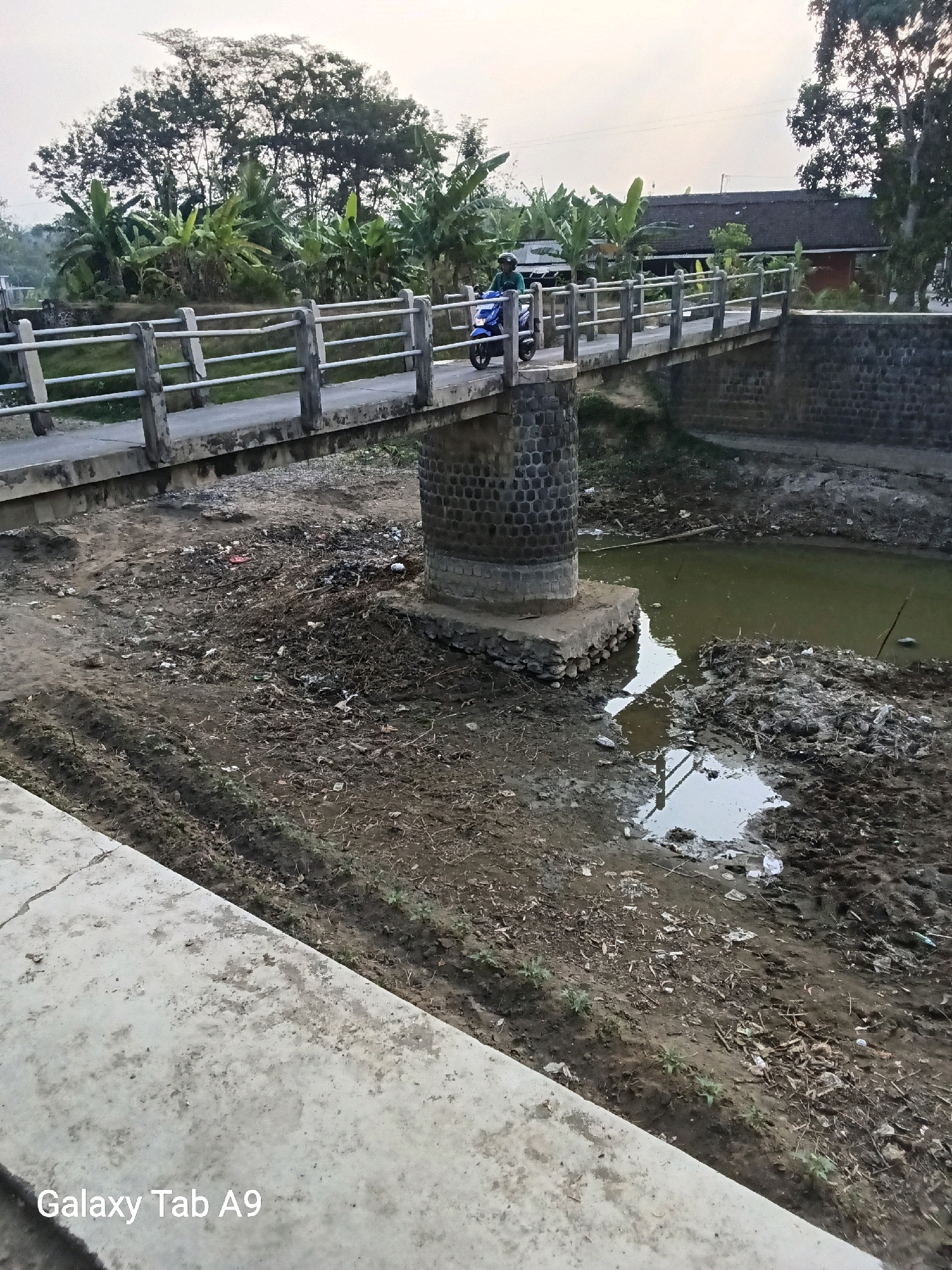 The image depicts a bridge spanning a dry riverbed in Sumberingin, Indonesia. A person on a blue motorcycle is crossing the bridge from left to right. The riverbed is largely devoid of water, with exposed, muddy ground littered with debris and vegetation. The bridge is constructed with concrete railings and a central stone pillar supporting the span. In the background, lush green trees and a building with a dark roof are visible. The sky is overcast, suggesting it may be late afternoon or early morning. The foreground shows a concrete pathway. The bottom left corner displays "Galaxy Tab A9".