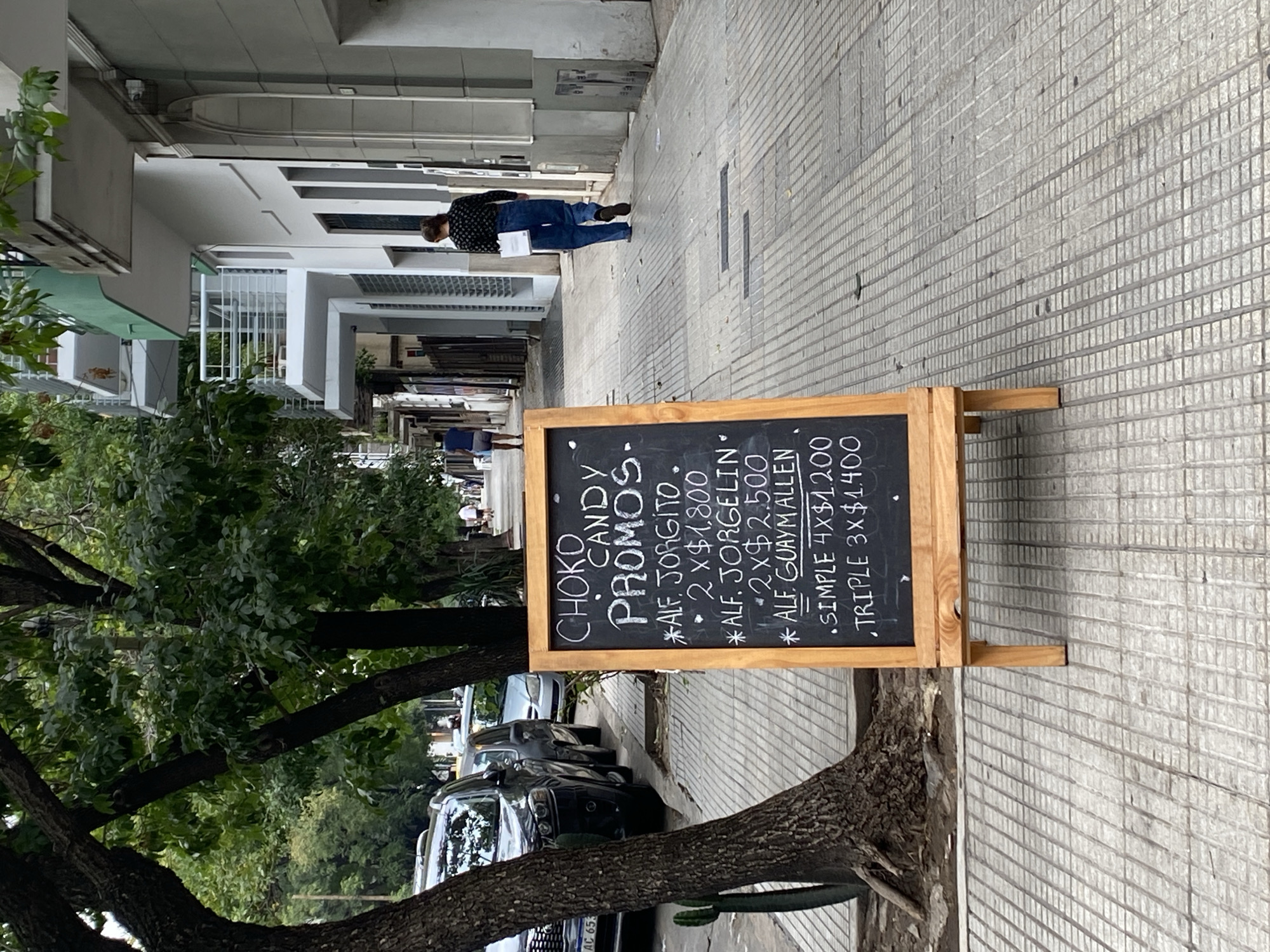The image depicts an urban street scene in Buenos Aires, Argentina. A light brown wooden A-frame chalkboard sign stands prominently on the light gray, square-tiled sidewalk in the foreground. The sign advertises "CHOKO CANDY PROMOS" in white chalk, listing offers for Argentine *alfajores*: "ALF. JORGITO • 2 x $1,800," "ALF. JORGELIN • 2 x $2,500," and "ALF. GUAYMALLEN • SIMPLE 4 x $1,200, TRIPLE 3 x $1,400."
To the left of the sign, a large tree with visible roots emerges from the sidewalk, with a tall, thin green cactus plant growing at its base. Behind this tree, several vehicles are parked along the curb, including a dark-colored SUV with a partially visible Argentine license plate "AC 653" and a silver sedan. The street is lined with numerous leafy green trees.
On the right side of the sidewalk, a person with light brown hair, dressed in a dark patterned shirt and blue jeans, walks away from the camera, carrying a white shopping bag in their left hand. Further down the sidewalk, another person wearing a blue shirt and shorts also walks away. The buildings lining the right side of the street are multi-story, featuring white and light gray facades. Some buildings have balconies, with one distinct balcony on a building in the midground painted green. The lighting is diffuse, suggesting an overcast sky.