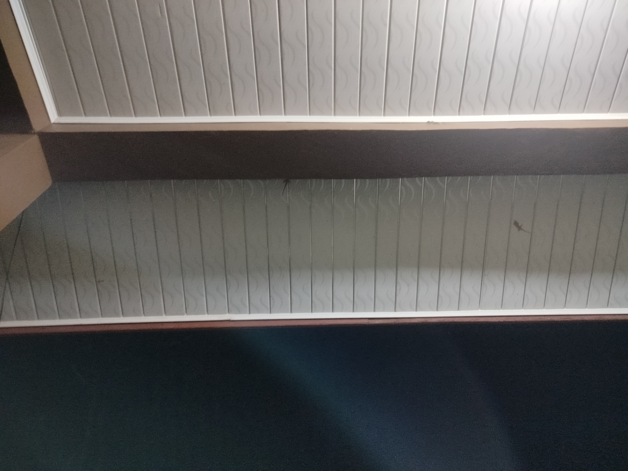 The image shows a low-angle view of a ceiling with white, ribbed panels. There is a dark brown trim running horizontally across the middle of the image, separating two sections of the ribbed ceiling. Below the lower section of the ceiling, there is a dark blue or black surface, possibly a wall or floor. Two small geckos are visible on the lower section of the ribbed ceiling. One gecko is located near the center of the image, and the other is further to the right. The lighting suggests an indoor environment, possibly at night or in a dimly lit area. The scene is devoid of human presence and activity. There is no contextual information to place this image specifically in Kumbangjaya, Indonesia; it is a generic interior shot.