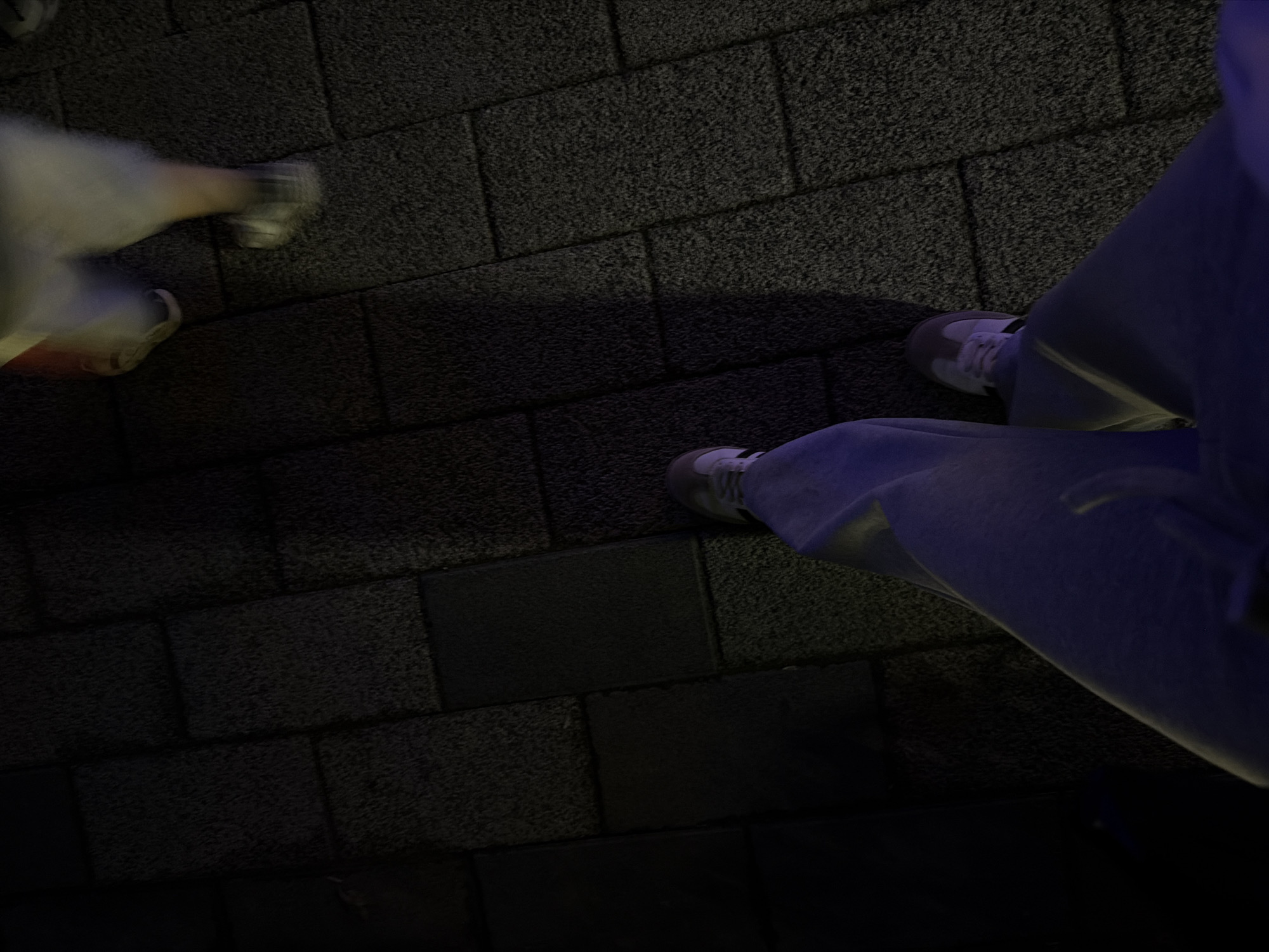 The image displays a close-up, low-angle perspective of two pairs of feet walking on a dark, paved surface, possibly cobblestone or large tiles, with a grainy texture. The lighting is dim, creating strong shadows.
The foreground shows a person's left leg and foot, clad in light purple or grey sweatpants and a white sneaker with pink accents. The foot is positioned on one of the paved stones. To the right, another person's right foot is visible, wearing a similar white sneaker with dark detailing. This foot is slightly blurred, suggesting movement.
In the background, another pair of legs is partially visible, also blurred and in motion. These legs are wearing lighter-colored pants and white sneakers, one of which has a red accent on the side. The overall impression is of people walking in a dimly lit outdoor environment, possibly at night.
There is no identifiable context within the image to suggest a specific location in the city of Chirchik, Uzbekistan.