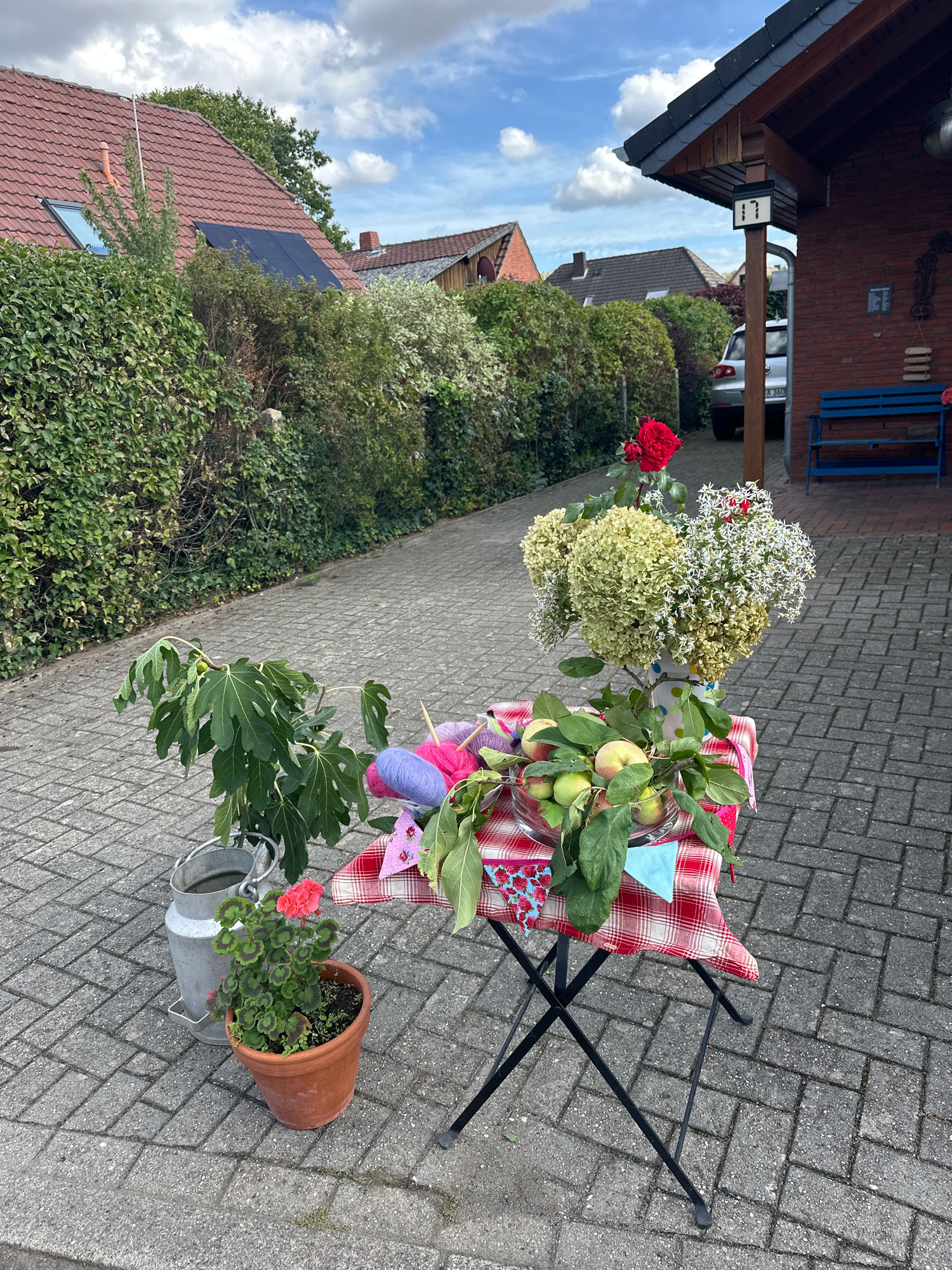 A still life scene is captured on a paved driveway in Samtgemeinde Thedinghausen, Germany. In the foreground, a red and white checkered tablecloth covers a small folding table. On the table, a glass bowl holds green apples, and a vase overflows with light green hydrangeas and white flowers, topped by a single red rose. To the left of the table, a metal milk jug and a terracotta pot with a pink flowering plant are present. A thin green plant with large leaves in a metal container stands behind the milk jug. To the right of the scene, a brick house with a dark roof and a blue bench are visible. The background features a row of dense green hedges and rooftops of houses under a cloudy sky.