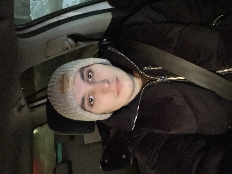 A young man wears a light gray beanie with a circular patch on it. He is wearing a dark puffy jacket with silver zippers, and a black seatbelt is visible across his chest. The interior of a car is visible behind him, including the car's roof, headrest, and the exterior through the window. He is facing the camera with a neutral expression.