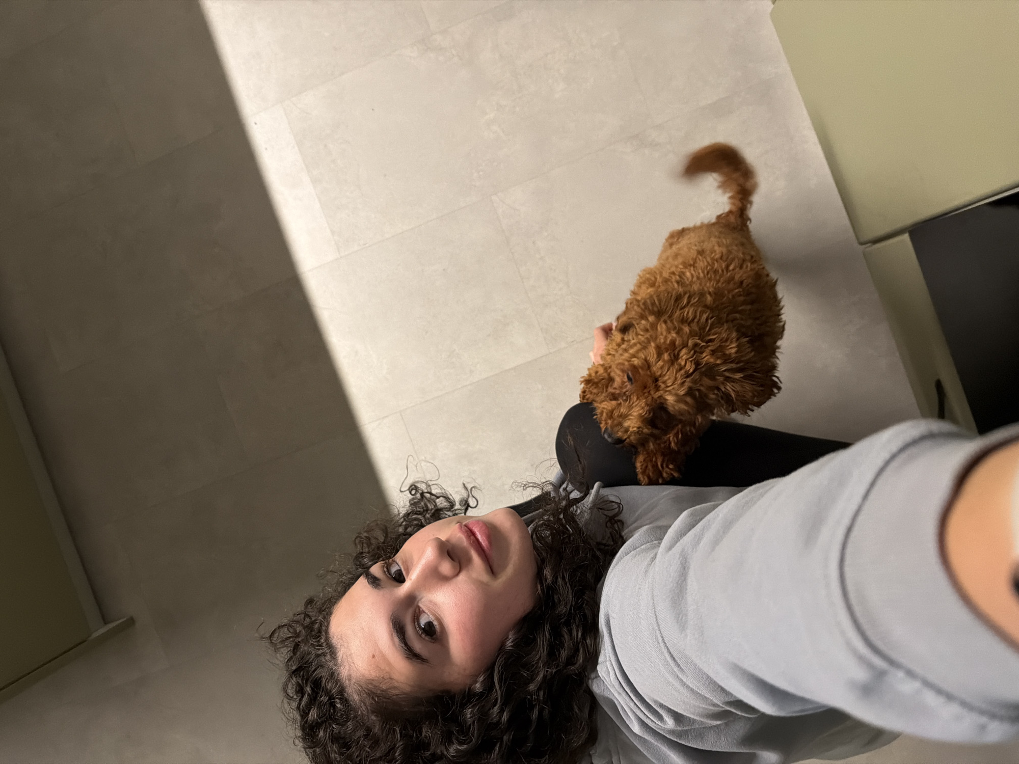 A young woman with dark, curly hair is taking a selfie with her small, fluffy, reddish-brown dog. She is wearing a light blue hoodie and dark pants. The dog is being held close to her body, facing away from the camera and towards the right. The background appears to be a tiled floor with a shadow cast across it from an unseen light source. The environment suggests an indoor setting, possibly a home or a public building with tiled flooring. There are no identifiable landmarks or features that would indicate a specific location within Sofia, Bulgaria. The lighting is dim, with a strong diagonal light source creating a stark contrast between illuminated and shadowed areas of the floor.