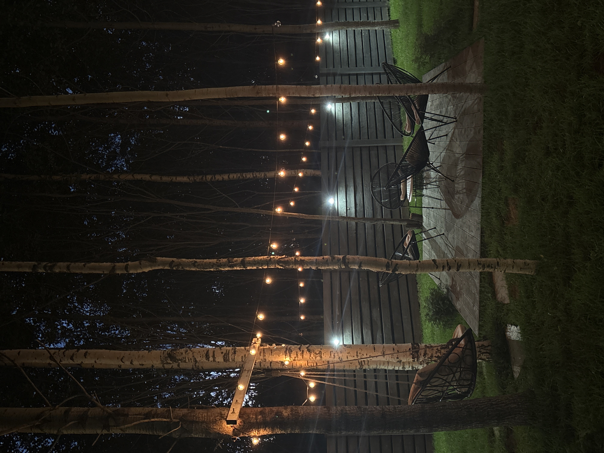 The scene depicts an outdoor nighttime environment situated in Perm, Russia. No individuals are present. The foreground and midground feature multiple tall, slender trees, predominantly birch with light-colored, patterned bark and some with darker, rougher bark. A string of spherical, warm-toned lights is suspended between these trees, providing primary illumination. Below this, a dark, horizontal slatted wooden fence spans the midground, illuminated by multiple upward-facing spotlights mounted at ground level.
On the left side of the image, a dark woven swing chair with a light-colored cushion hangs from a horizontal beam attached to two trees. Below it, the grassed ground shows areas of standing water reflecting the light. On the right, a wooden deck is laid on the grass. Positioned on this deck are three dark woven chairs, each with a light-colored cushion, arranged around a small, circular table with a light-colored top and dark base. The surrounding ground is covered in green grass. In the background, a dense forest of trees is silhouetted against a very dark, subtly blue night sky.