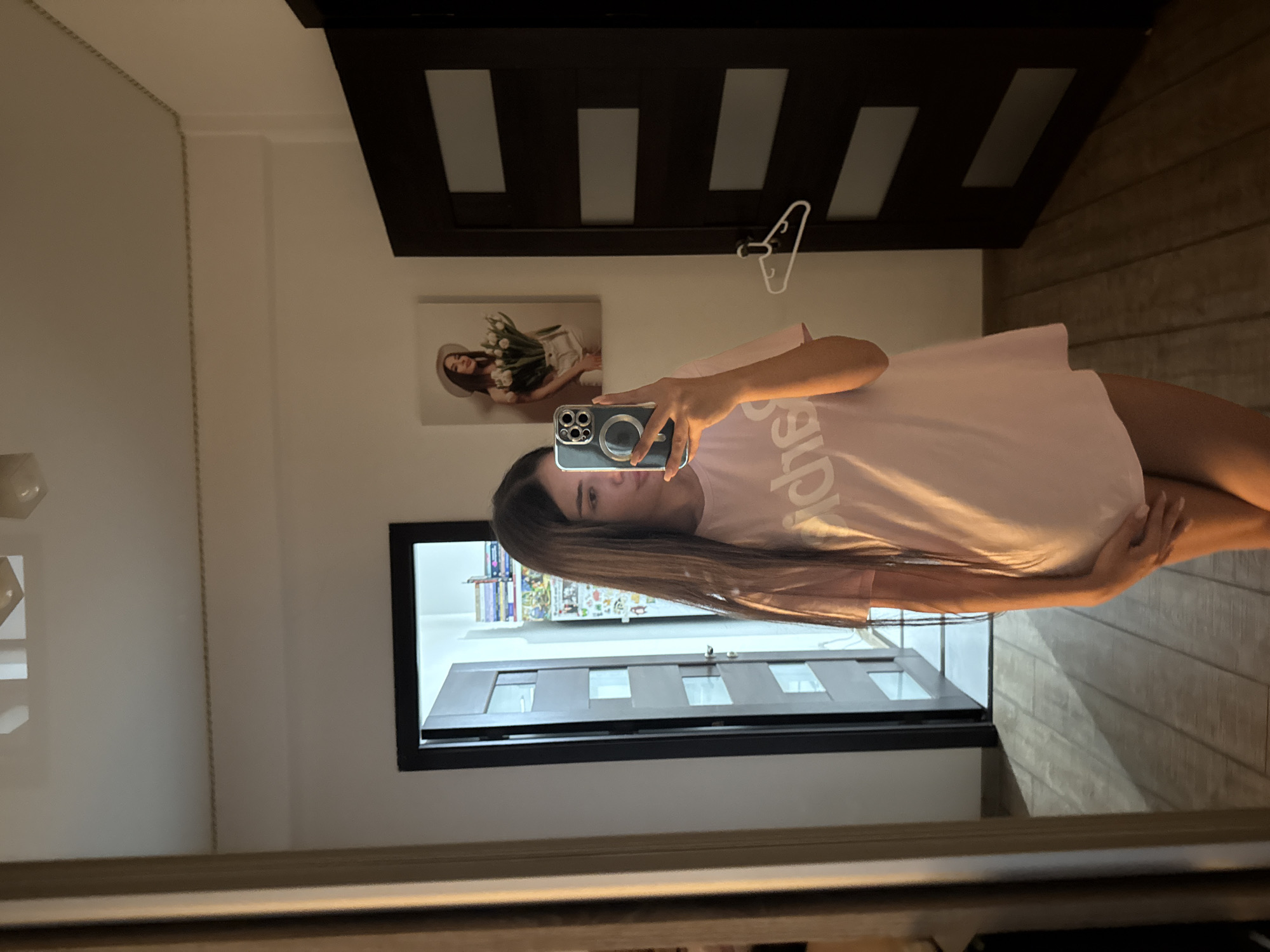 The image shows a young woman taking a mirror selfie in what appears to be a bedroom or dressing area. She is standing in front of a large mirror, holding a smartphone in her right hand. The woman has long, dark brown hair and is wearing a light pink oversized t-shirt. Her reflection is visible in the mirror, as are the surroundings.
Behind her, to the left, is a doorway leading to another room, possibly a closet or hallway, with what looks like shelves stocked with items. To her right, a dark wooden door with rectangular glass panels is visible, and a white hanger is attached to it. On the wall between the doors, a framed picture of a woman holding a bouquet of tulips is displayed. The floor is made of wooden planks. The lighting in the room is dim, with some light coming from the doorway and reflecting off the mirror and floor.
The provided information states the location is Chișinău, Moldova. Without further visual cues, it's impossible to definitively pinpoint the exact location within the city. However, the style of the doors and general interior design could be consistent with residential architecture in Chișinău.