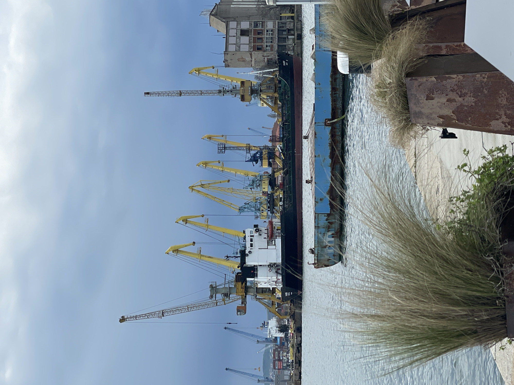 The image shows a view of the port of Burgas, Bulgaria. Several large cargo ships are docked along the pier, with multiple yellow and blue cranes extending over them for loading and unloading. Behind the ships, there is an older building with visible damage. The sky is partly cloudy, and the water in the harbor appears calm. There is some vegetation visible in the foreground near the bottom right corner of the image.