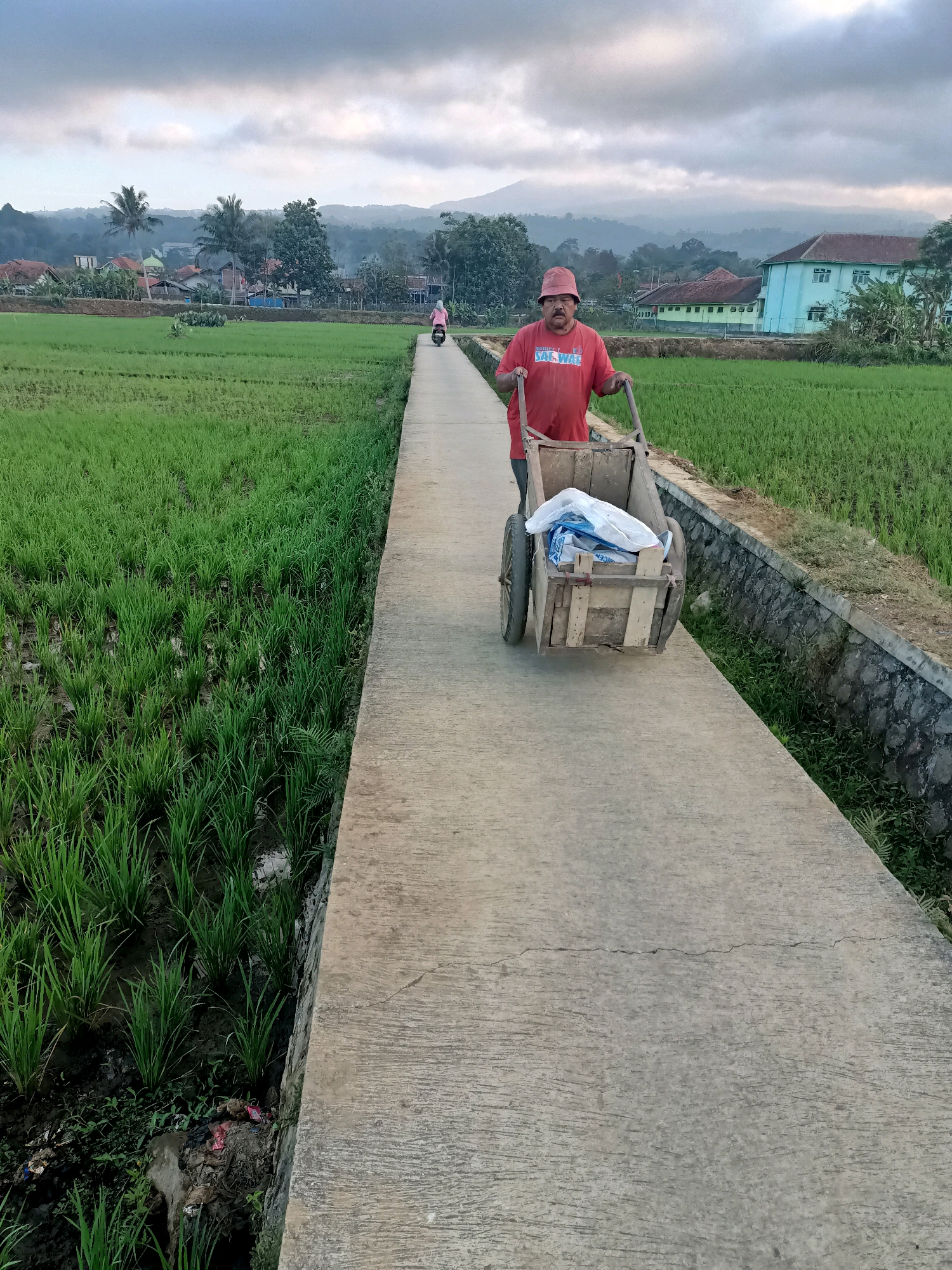 A man wearing a red t-shirt and a red hat is pushing a wooden cart with two wheels on a concrete path. The cart contains a white bag and some other items. The path runs alongside a lush green rice paddy. In the background, there are houses, trees, and distant hills under a cloudy sky. A person on a motorcycle is visible further down the path, in front of the man. The scene appears to be in a rural or semi-rural area, likely Sukamukti, Indonesia, given the rice paddies and architecture.