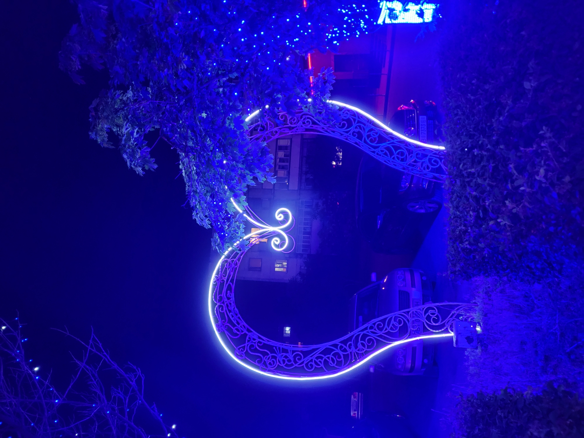 This is a night-time outdoor vertical photograph of a large, decorative neon heart-shaped archway illuminated with white and blue lights. The archway is ornate, featuring swirling metalwork within the neon outline. The scene appears to be in the city of Horishni Plavni, Ukraine, as indicated by a license plate on one of the cars.
In the foreground, there is a low, manicured hedge. Behind the hedge and beneath the archway, two cars are parked. The car on the left is a silver SUV, and the car on the right is a darker sedan. The sedan's license plate reads "B1 7373 EI".
The background includes a multi-story building with illuminated windows, suggesting it is an apartment building. A tree with green leaves is positioned to the right of the archway, heavily decorated with blue fairy lights that extend onto its branches. Another tree, appearing bare and silhouetted against the dark sky, is visible in the upper left corner, also adorned with blue lights. The overall ambiance is festive and romantic, likely part of a public decoration. The lighting conditions are dark, with the neon and fairy lights providing the primary illumination, casting a vibrant blue hue across the scene.
