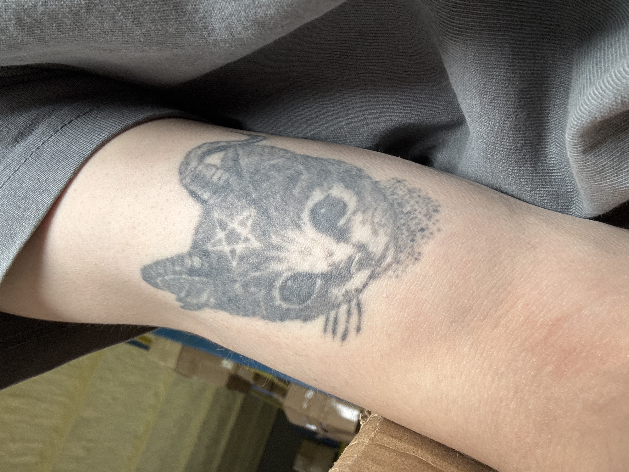 A close-up shot features a person's forearm with a black and grey tattoo of a cat's head. The cat has a pentagram symbol on its forehead and small horns, giving it a demonic appearance. The tattoo is partially obscured by the sleeve of a grey t-shirt. The background is blurred, showing stacks of cardboard boxes, suggesting an indoor environment such as a warehouse or storage area. There is no indication of the city of Ostrov, Russia, or any specific location.