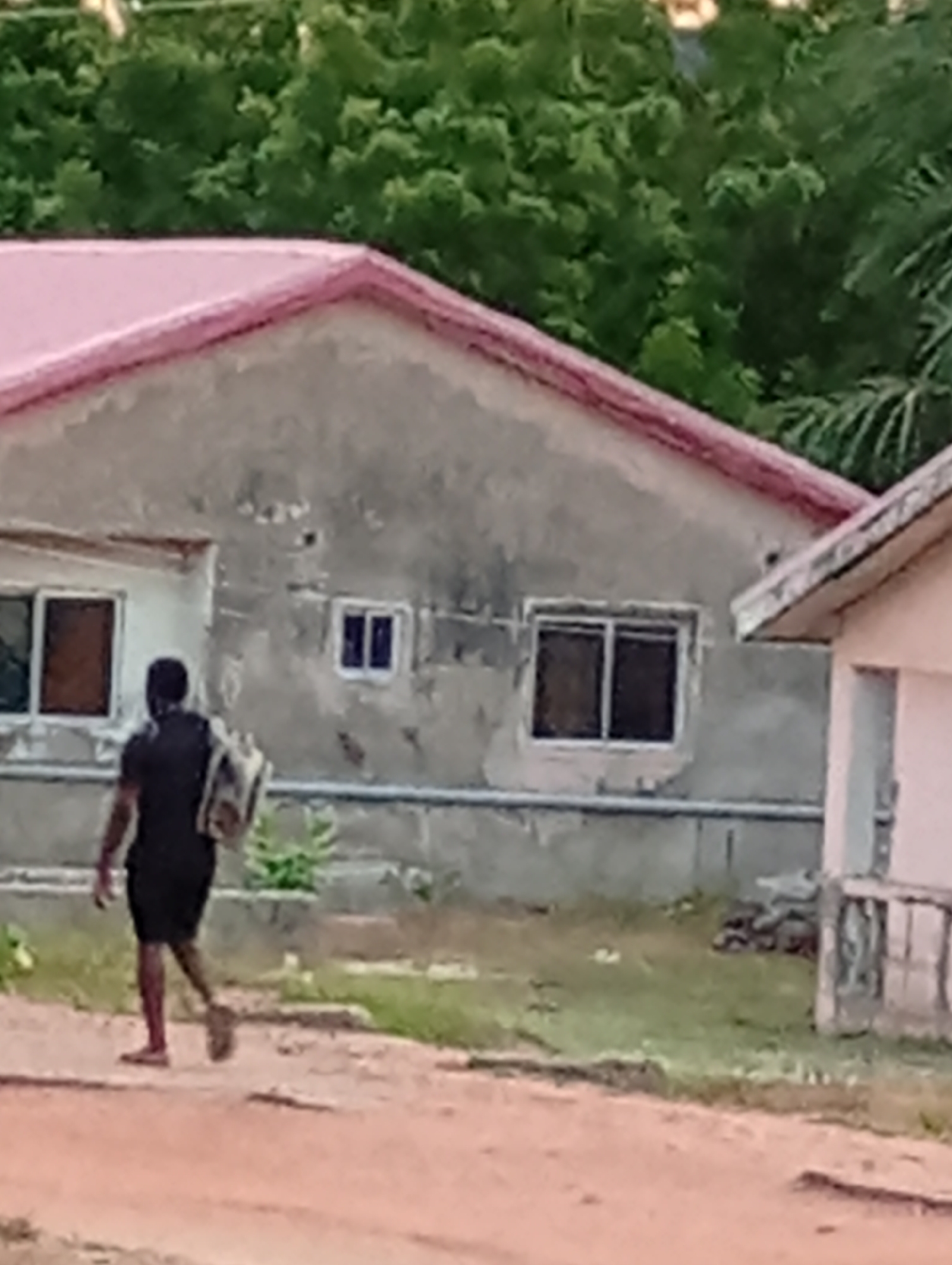 The image depicts a person walking on a dirt road in front of a weathered building with a pink roof. The building has three visible windows and a low concrete foundation. A smaller structure is attached to the right of the main building. The background consists of dense green trees. The location appears to be a less developed area, as evidenced by the unpaved road and the condition of the buildings. Specific city details are unavailable.