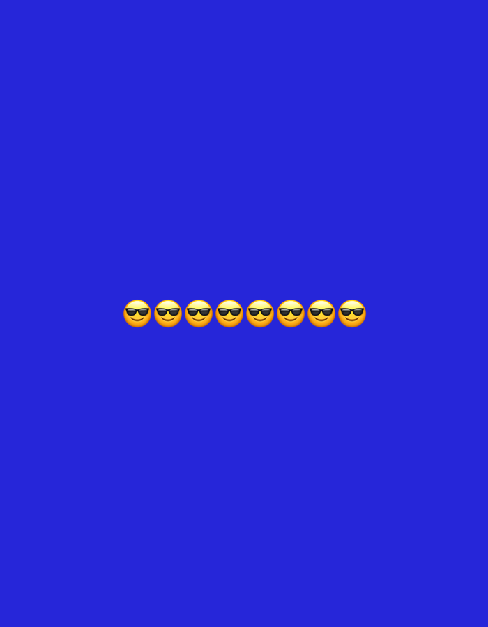 The image displays a simple, minimalist composition against a vibrant, solid blue background. Occupying the central lower portion of the frame is a horizontal row of eight identical yellow emoji faces, each wearing black sunglasses. The emojis are evenly spaced and aligned, creating a repetitive visual pattern. No specific location within the city of Gorzow, Poland, can be determined from this image.