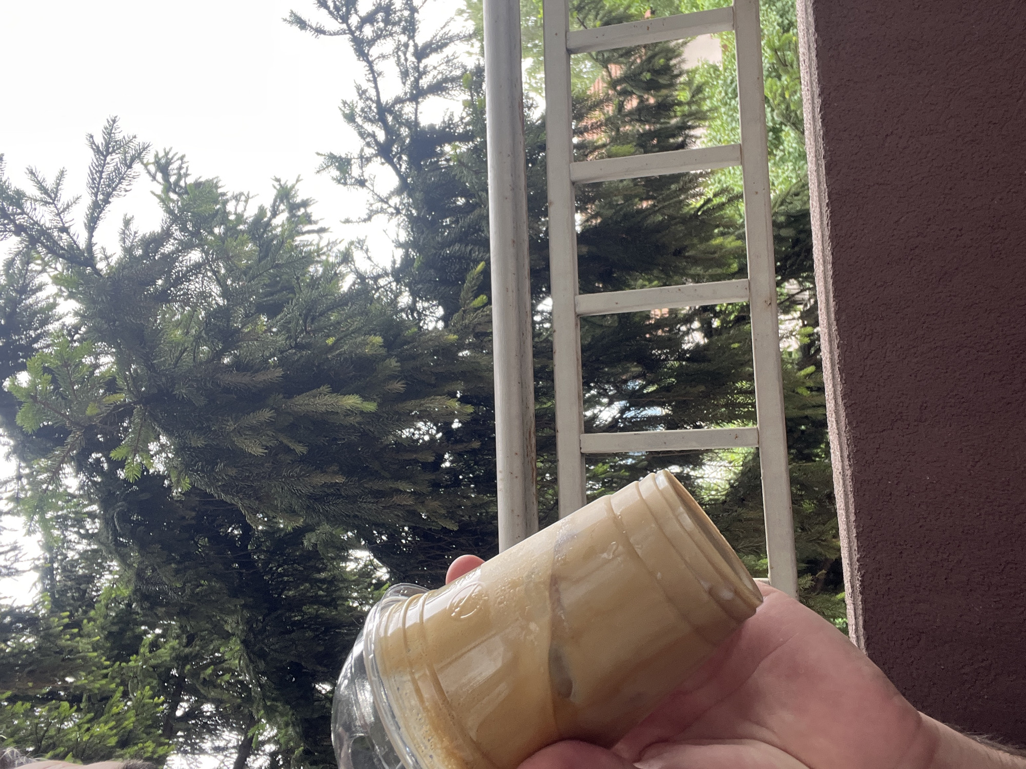 A person's hand is holding a clear plastic cup with a beige liquid and ice. The cup has a clear plastic lid. The background consists of a railing, trees, and a cloudy sky. The scene appears to be on a balcony in Sofia, Bulgaria.