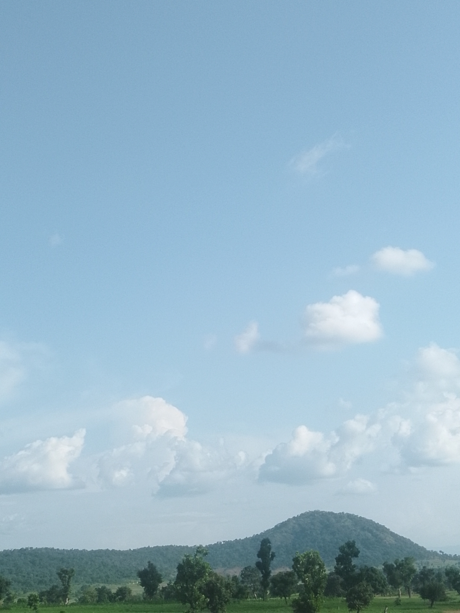 A wide shot captures a hazy, lush green landscape under a pale blue sky with scattered white clouds. In the foreground, a flat expanse of green fields is dotted with scattered trees of varying heights and densities. A slightly elevated, rounded, tree-covered hill dominates the mid-ground. In the distance, a faint, hazy line of more hills stretches across the horizon. The overall impression is a rural, natural environment. This scene is located in the city of Serti, Nigeria.