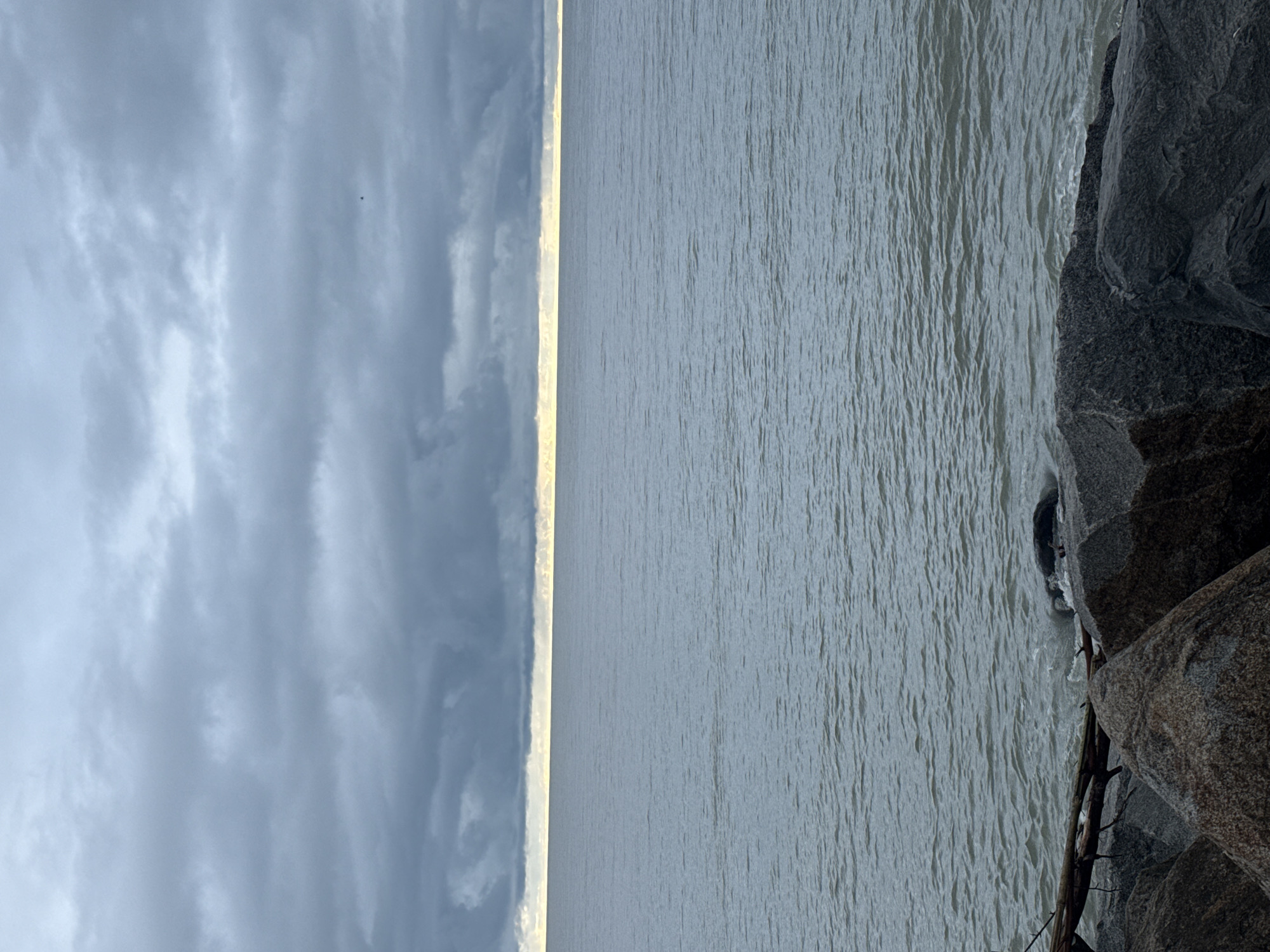 The image shows a body of water, possibly the Black Sea, bordering a rocky shoreline. The sky is overcast with grey clouds. The location is possibly in or near the city of Batumi, Georgia, given the Black Sea borders Batumi. The rocks are grey and appear natural. The water is a dull grey color. There are no people visible in the image. A few pieces of driftwood are at the edge of the water and rocks.