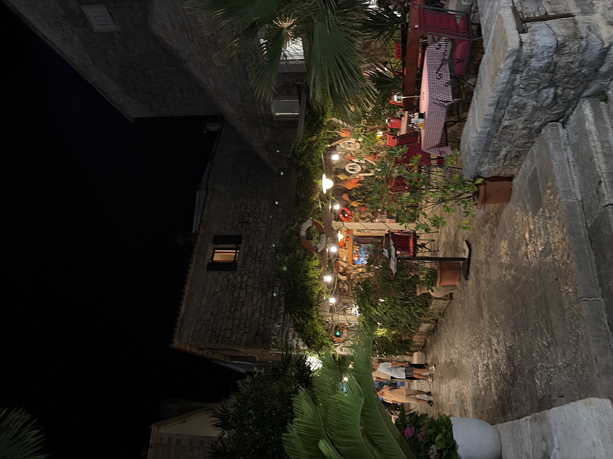 The image depicts a street scene at night in Budva, Montenegro, specifically in the old town. A restaurant or cafe is visible, with tables set with red and white checkered tablecloths and red chairs. The establishment is decorated with nautical items such as buoys and ropes. Lush green plants and palm trees surround the outdoor seating area, which is illuminated by string lights. In the background, stone buildings with dark windows are present. A few people are walking along the cobblestone path in front of the restaurant. The overall atmosphere is that of a charming, well-lit dining area in a historic setting.